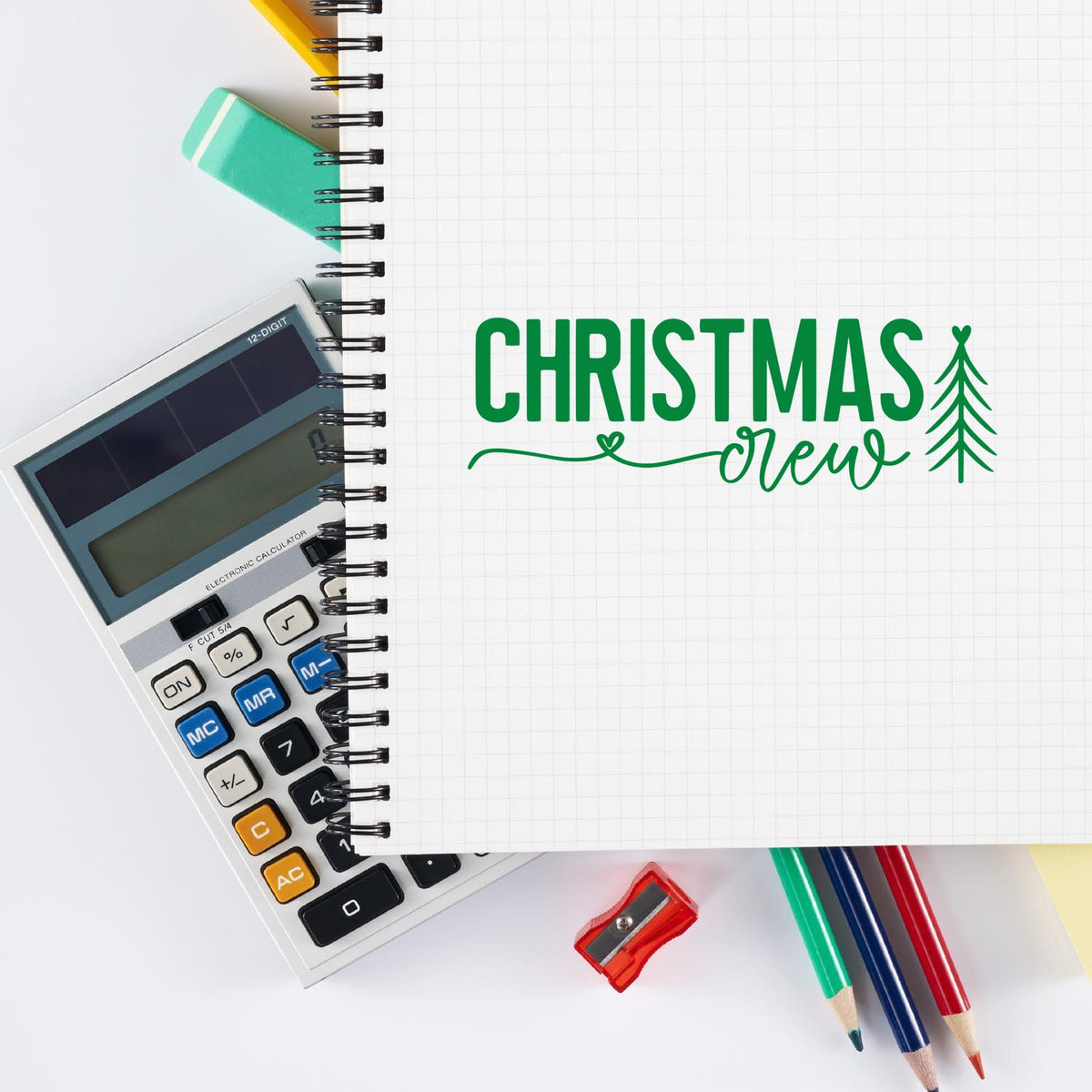 Christmas Crew With Tree rubber stamp shown in green ink, stamped for projects such as group photo album.