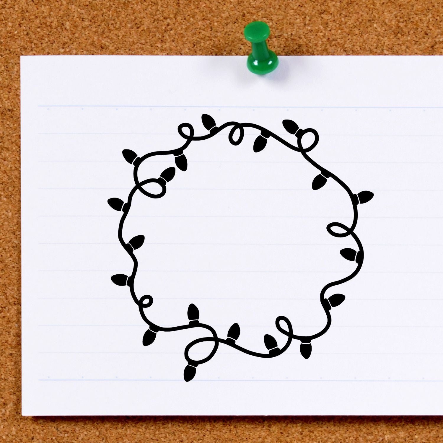 Decorative string lights wreath rubber stamp impression framing note paper, perfect for holiday cards, scrapbook pages, and craft borders.