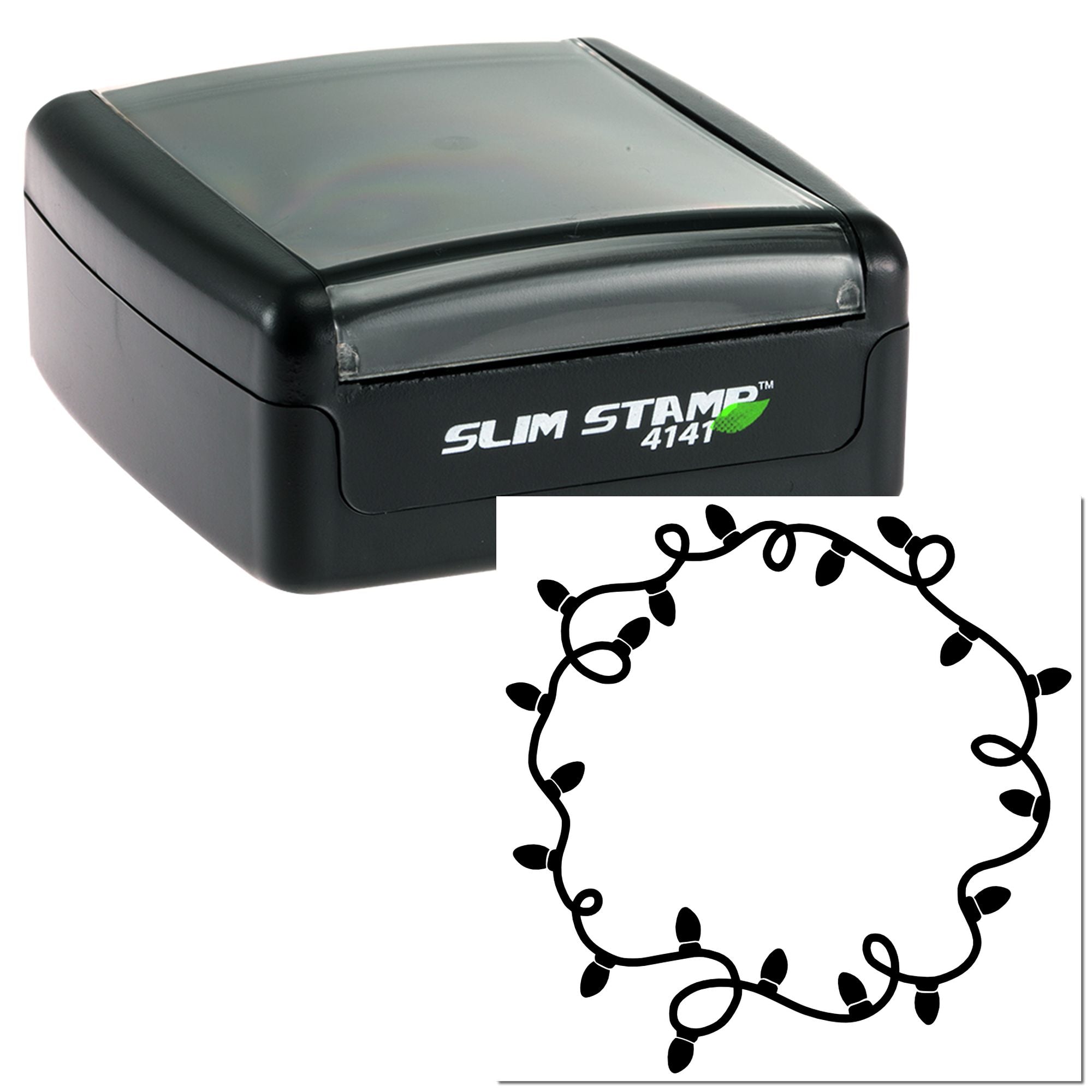 Slim Stamp 4141 self-inking rubber stamp with decorative string lights border, ideal for custom holiday stationery and crafts.