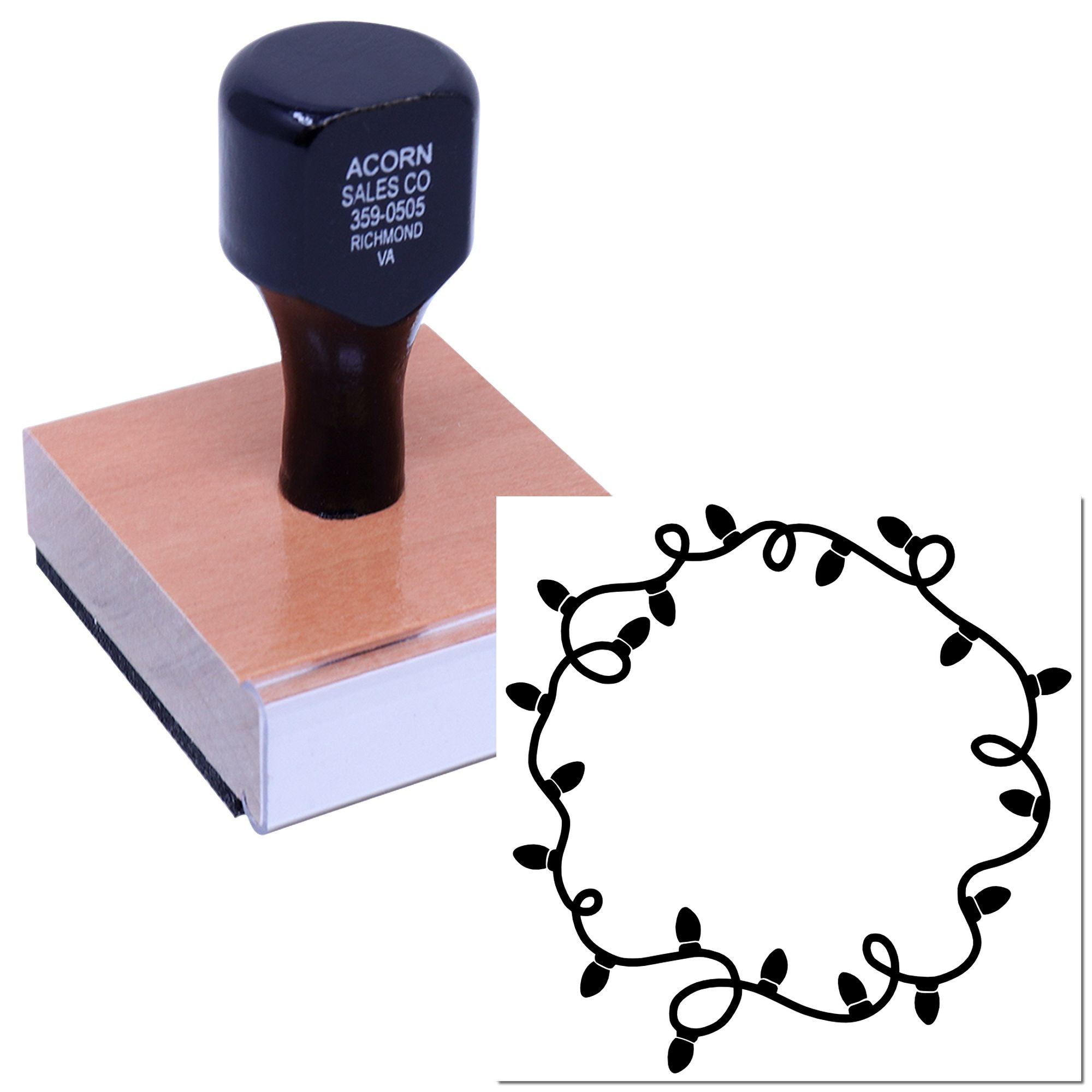 Wooden handle custom rubber stamp with holiday string lights border design for festive cards and packaging.