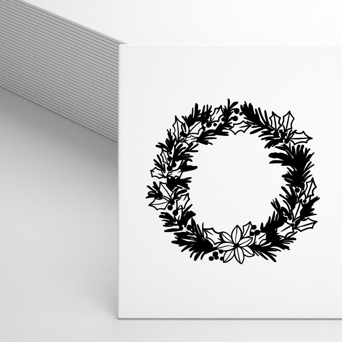 Pine Holly Floral Wreath Stamp - Premium Vintage Pro Wooden imprint stamped in black ink. An empty circular wreath combines evergreen branches, holly, and a large flower at the bottom.