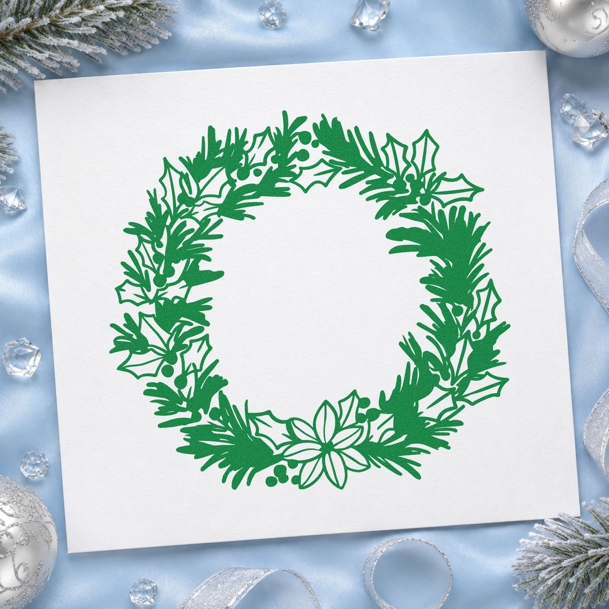 Pine Holly Floral Wreath craft stamp imprint in green ink on a handmade project, one idea being wreath center tags.