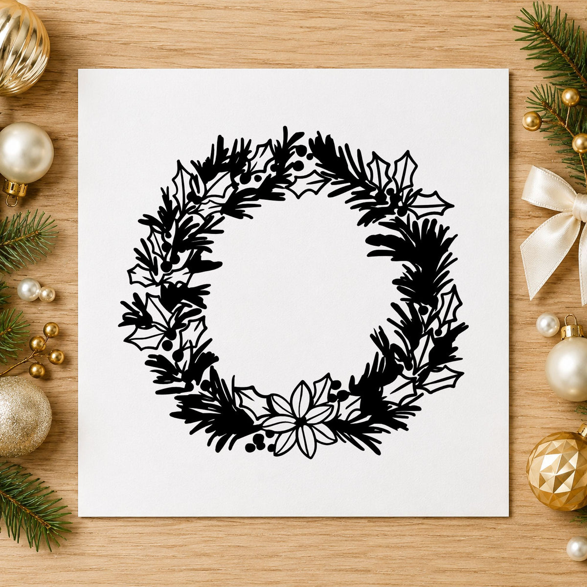 Pine Holly Floral Wreath rubber stamp printed in black ink, ready for open wreath cards and similar paper crafts.