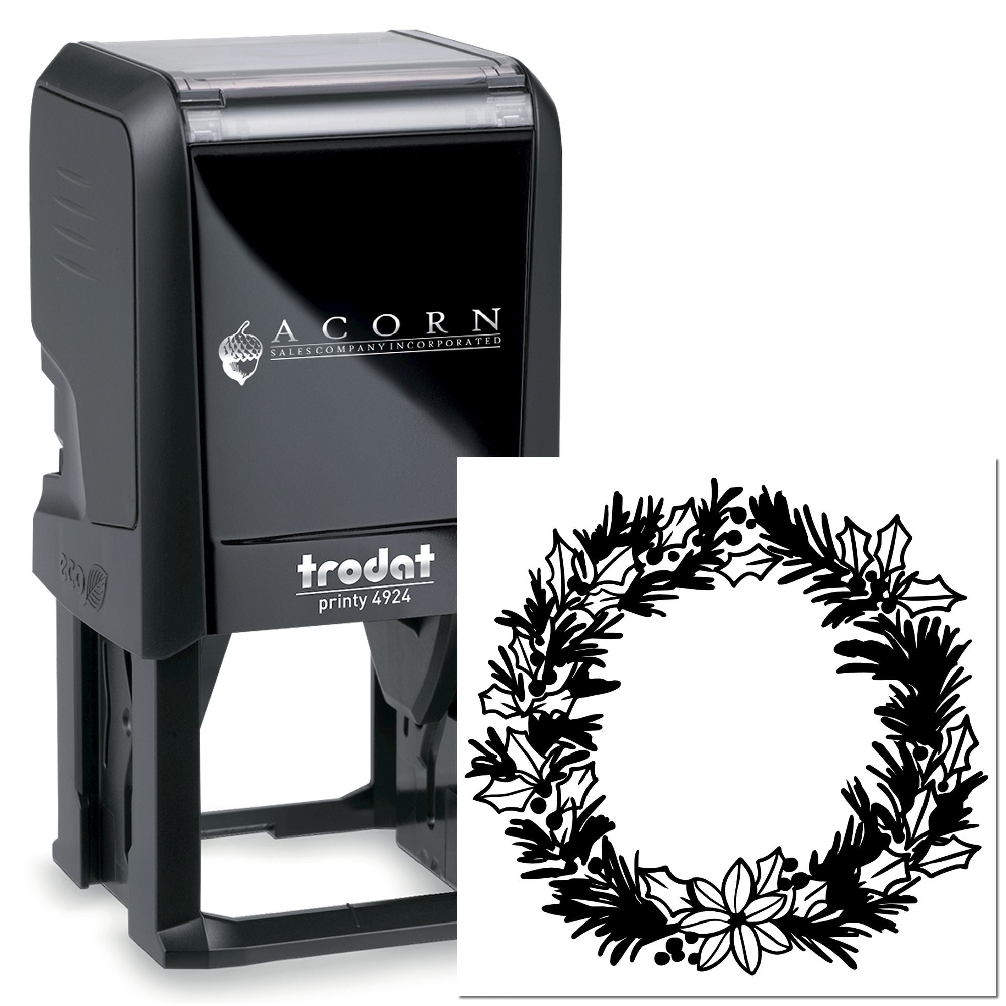 Trodat Printy self-inking rubber stamp with custom holiday wreath design for business branding
