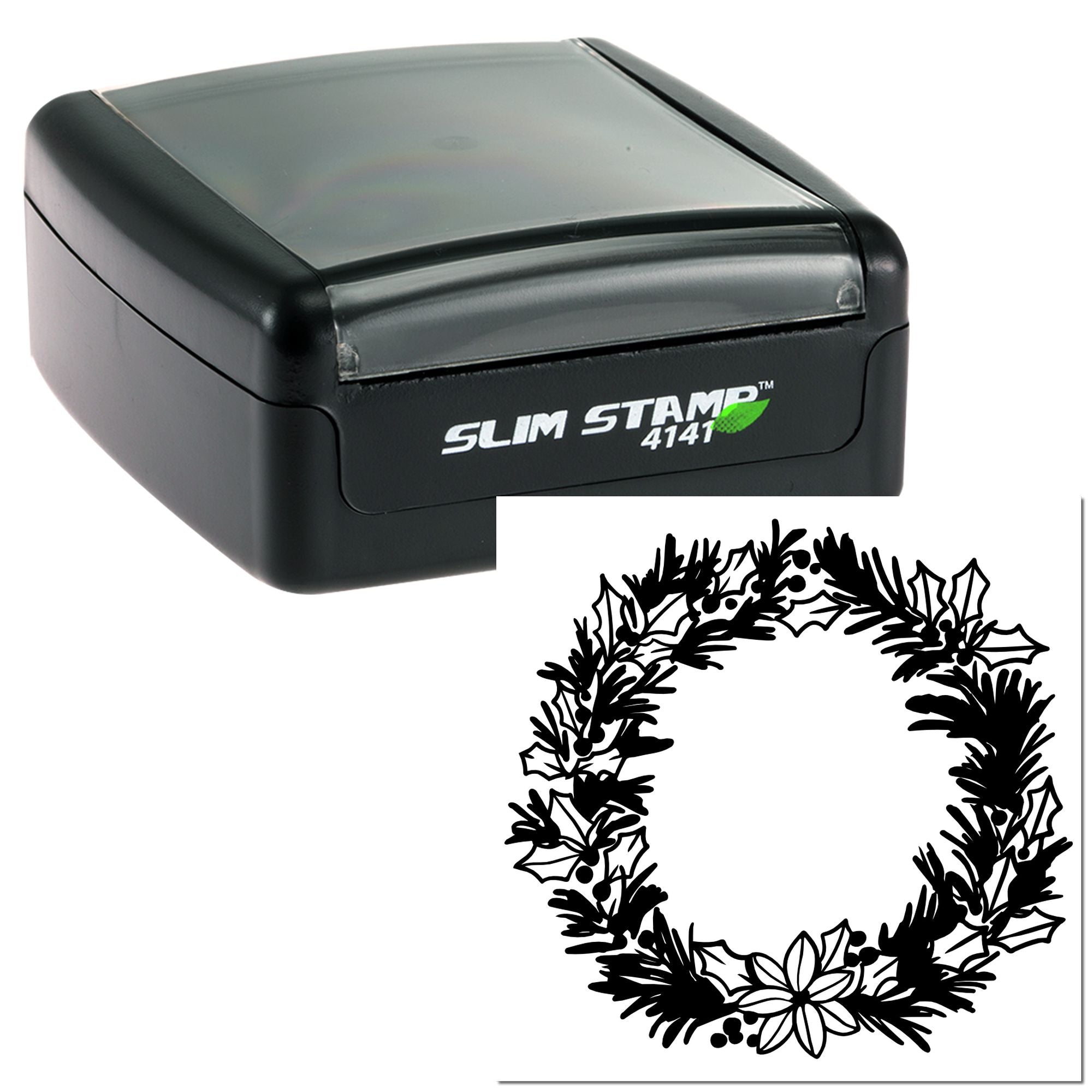 Slim self-inking rubber stamp with holiday wreath impression for Christmas cards, gift tags, and seasonal craft projects.