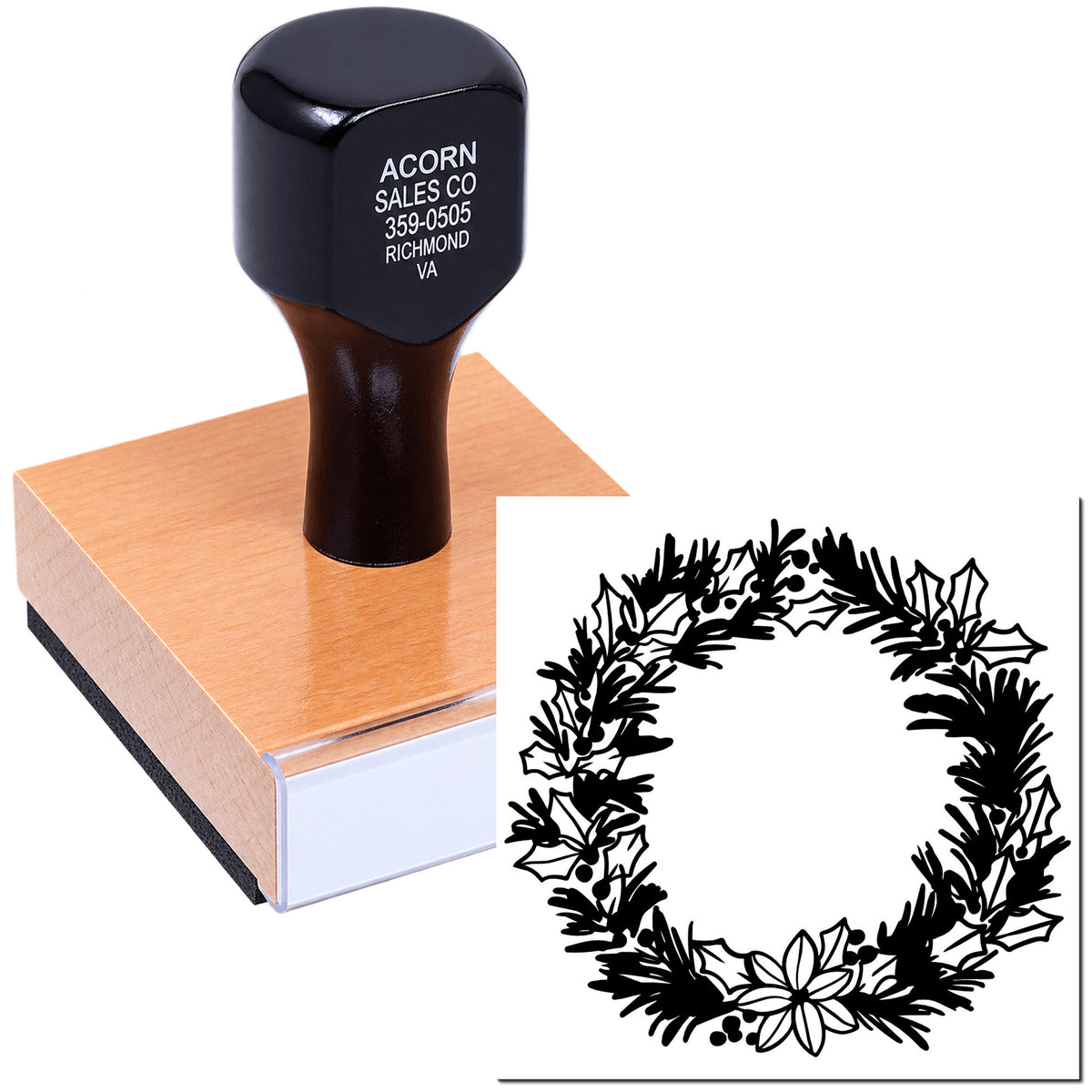 Custom holiday wreath rubber stamp for cards, gift tags, and seasonal packaging