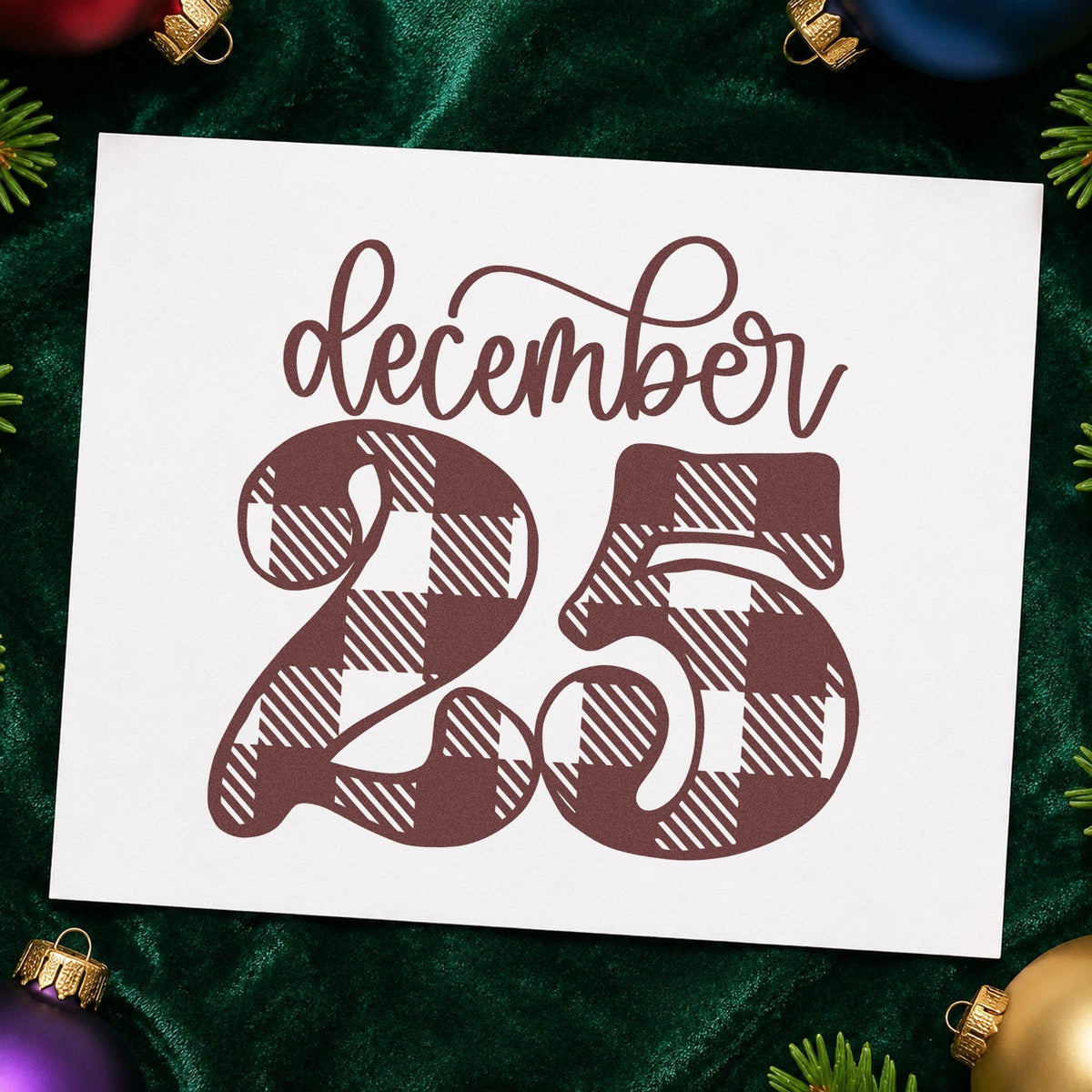 December Twenty Five Plaid rubber stamp printed in brown ink, ready for holiday save the date and similar paper crafts.