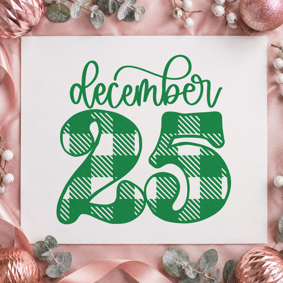 December Twenty Five Plaid craft stamp imprinted in green ink on paper, a design suited to framed stair landing.