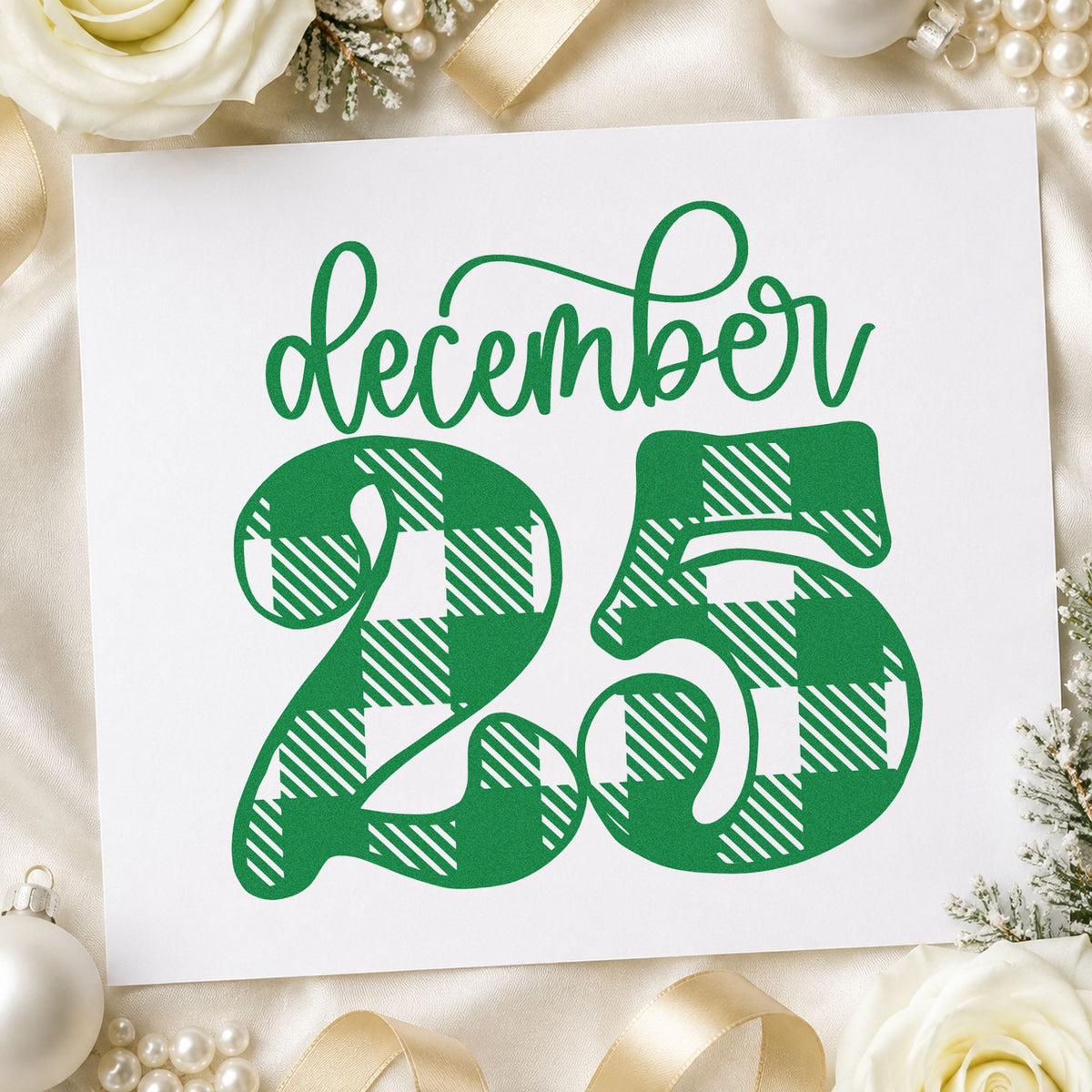 December Twenty Five Plaid craft stamp imprint in green ink on a handmade project, one idea being dinner menu rounds.