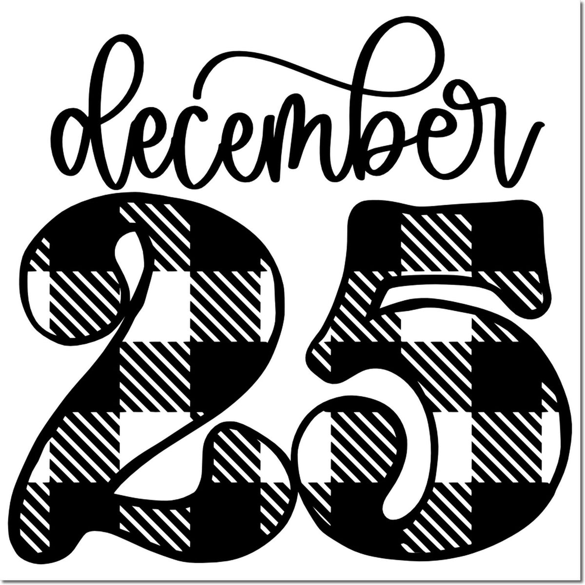 December 25 Christmas date rubber stamp design with bold plaid lettering for holiday crafts, cards, and packaging