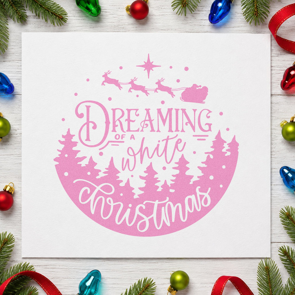 Dreaming White Christmas Landscape craft stamp in purple ink on cardstock, an easy option for movie night album page.
