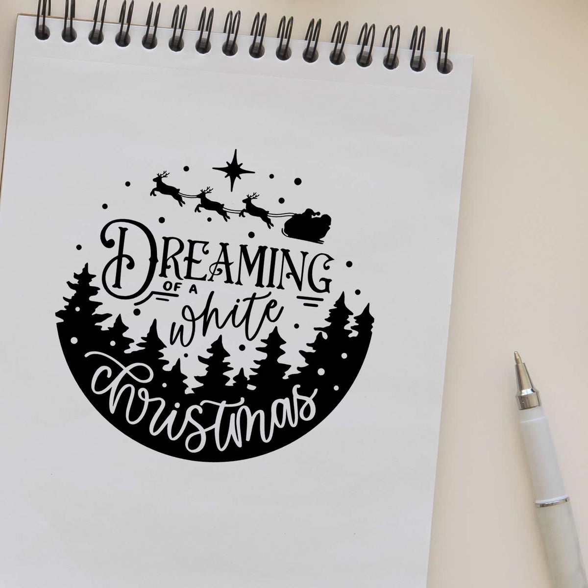 Dreaming White Christmas Landscape Reindeer Premium Wooden Stamp - Vintage Pro imprint stamped in black ink. "Dreaming of a White Christmas" appears with snowy pines, Santa's sleigh, reindeer, and stars.
