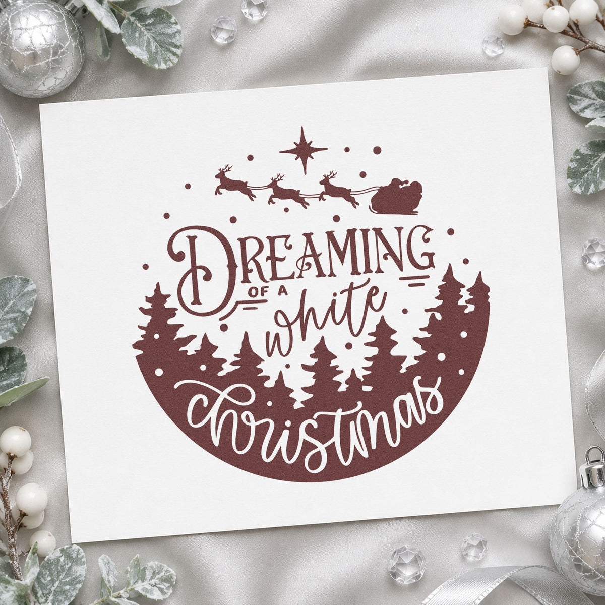 Dreaming White Christmas Landscape rubber stamp printed in brown ink, ready for watchlist plan sheet and similar paper crafts.