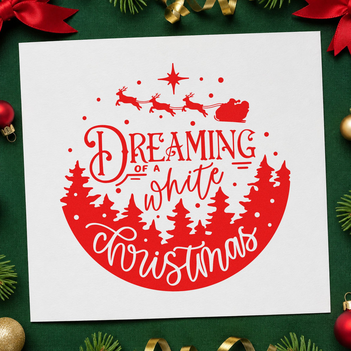 Dreaming White Christmas Landscape craft stamp in red ink on cardstock, an easy option for quilt border printing.