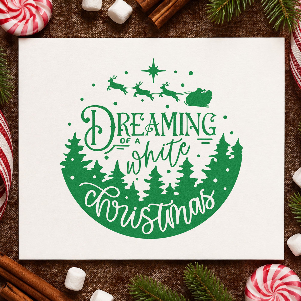 Dreaming White Christmas Landscape craft stamp imprinted in green ink on paper, a design suited to framed guest room.