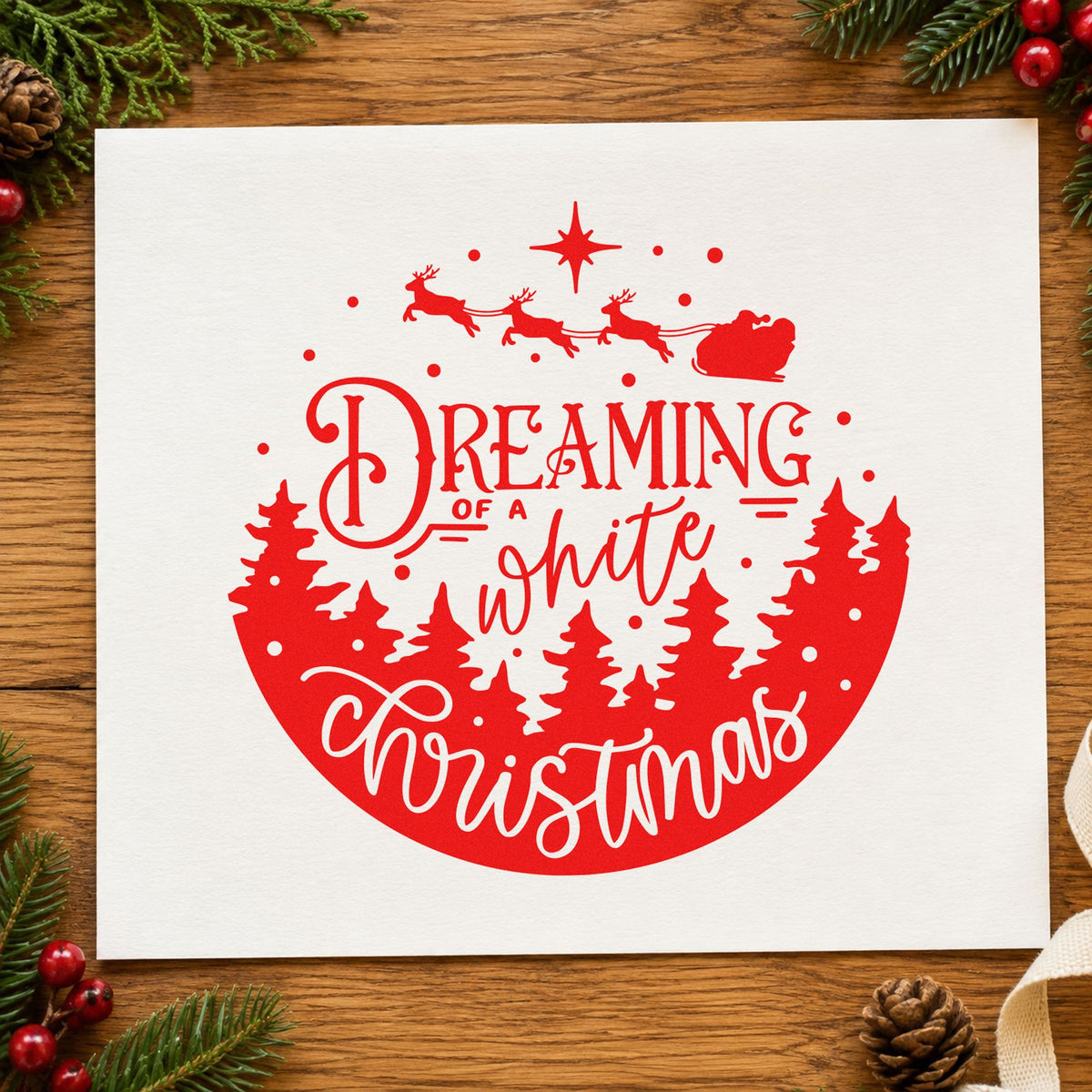 Dreaming White Christmas Landscape rubber stamp shown in red ink, stamped for projects such as cocoa kit labels.