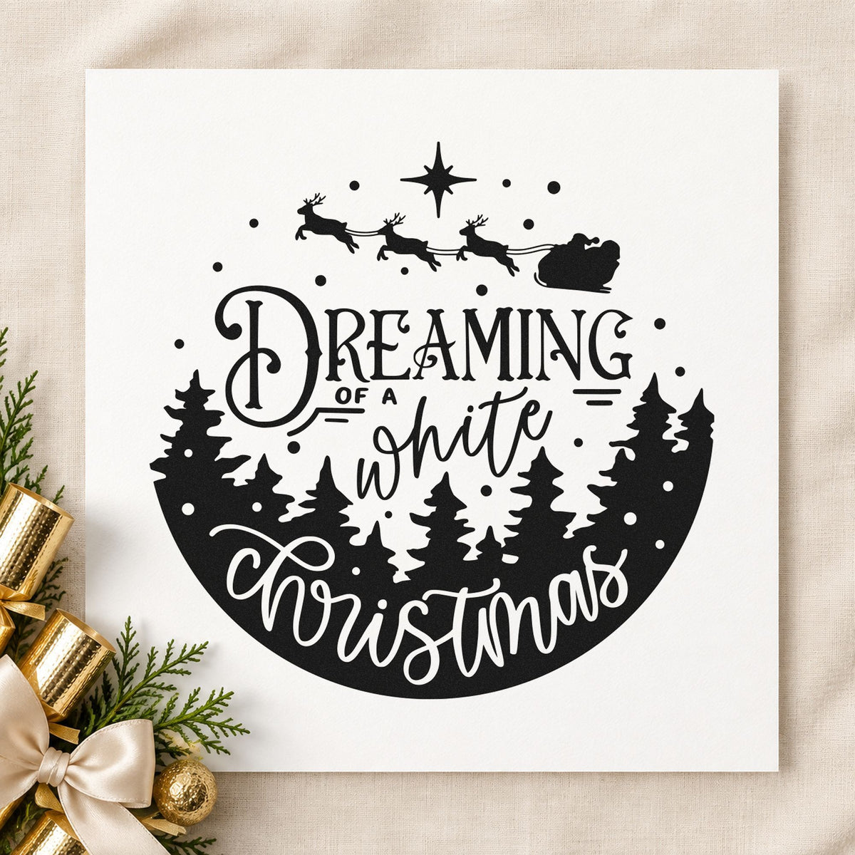 Dreaming White Christmas Landscape rubber stamp printed in black ink, ready for white christmas cards and similar paper crafts.