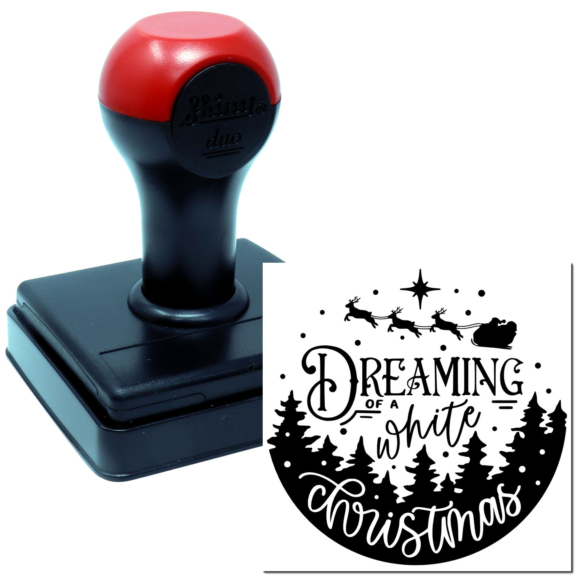 Custom Christmas rubber stamp with Dreaming of a White Christmas design for holiday cards and crafts.