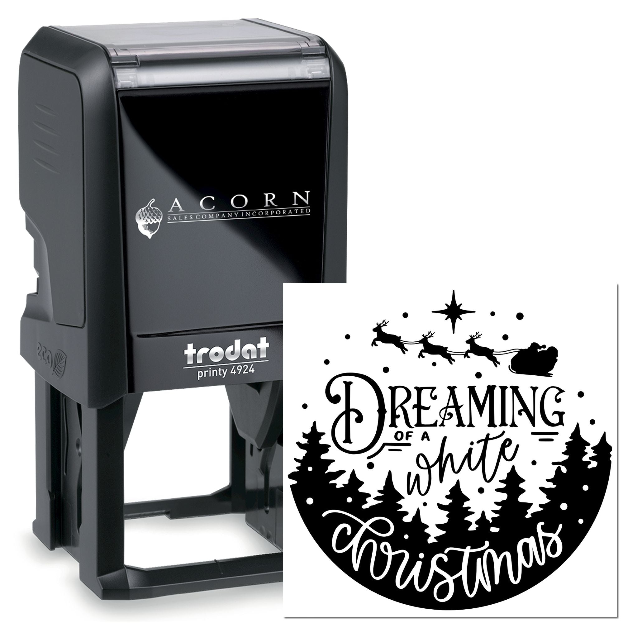 Custom self-inking rubber stamp, Trodat Printy 4924, with Christmas Dreaming of a White Christmas holiday design.
