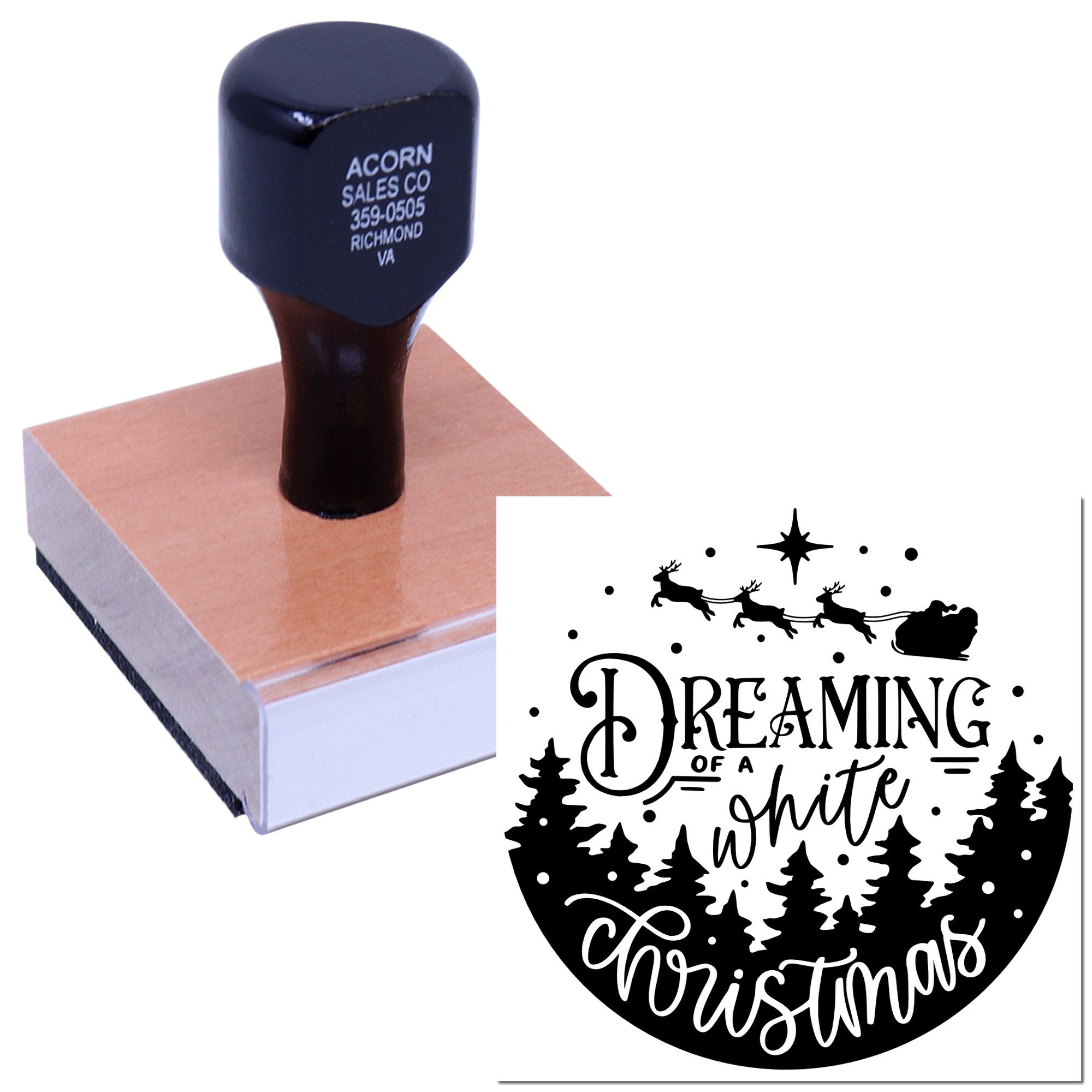 Custom Christmas rubber stamp with Dreaming of a White Christmas holiday design for festive cards and crafts.
