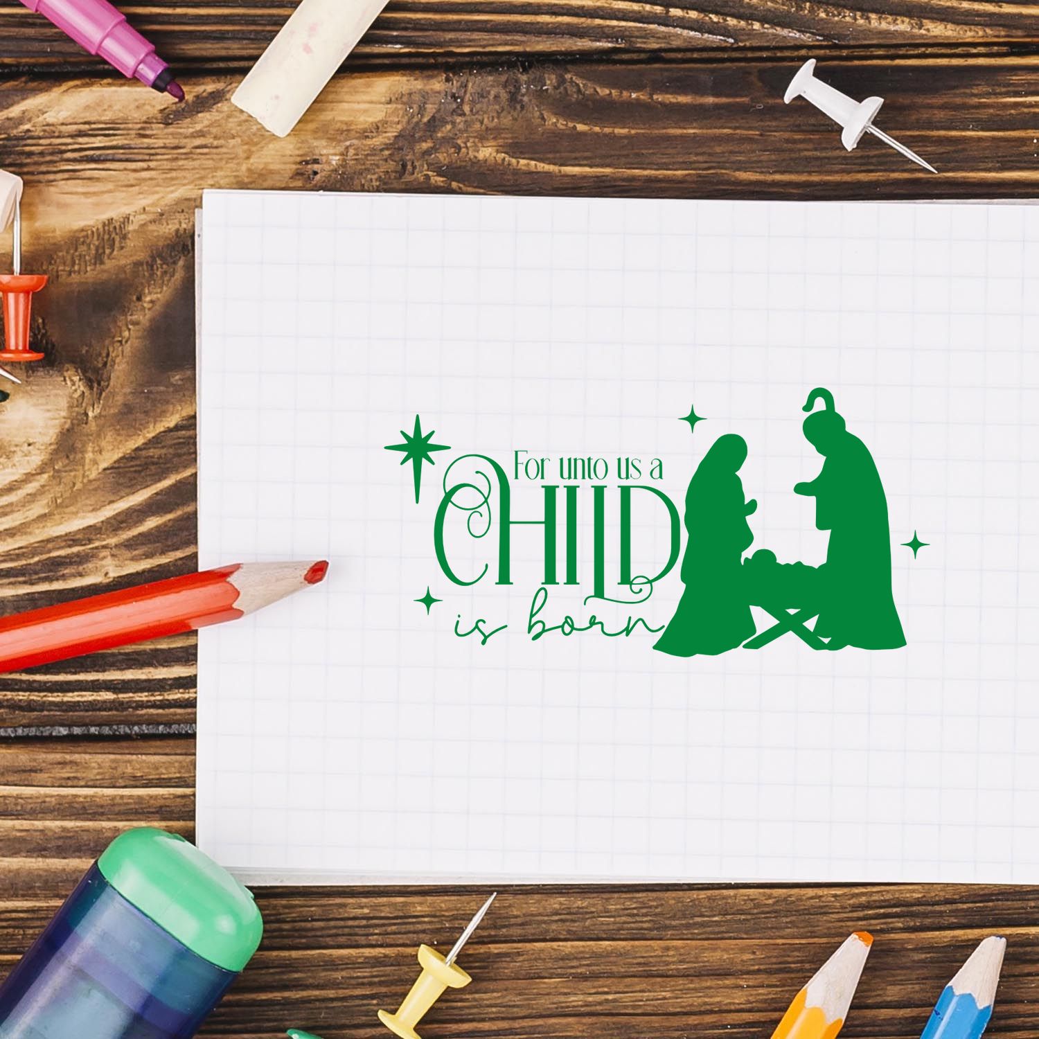 Nativity rubber stamp design with For unto us a child is born text, perfect for Christmas card making and faith-based crafts.