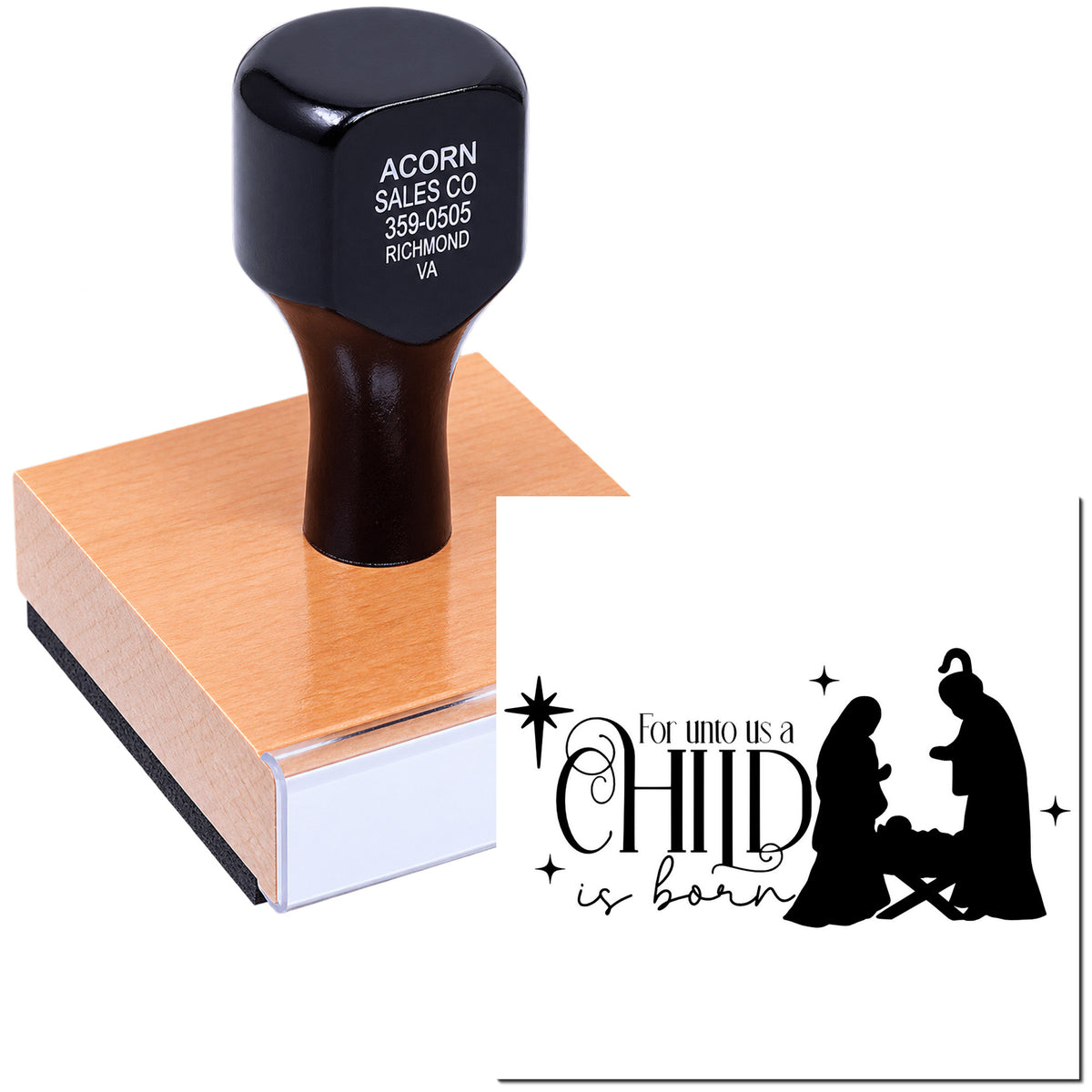 Wood-mounted custom rubber stamp with nativity verse For unto us a child is born for Christmas cards and faith-based crafts.