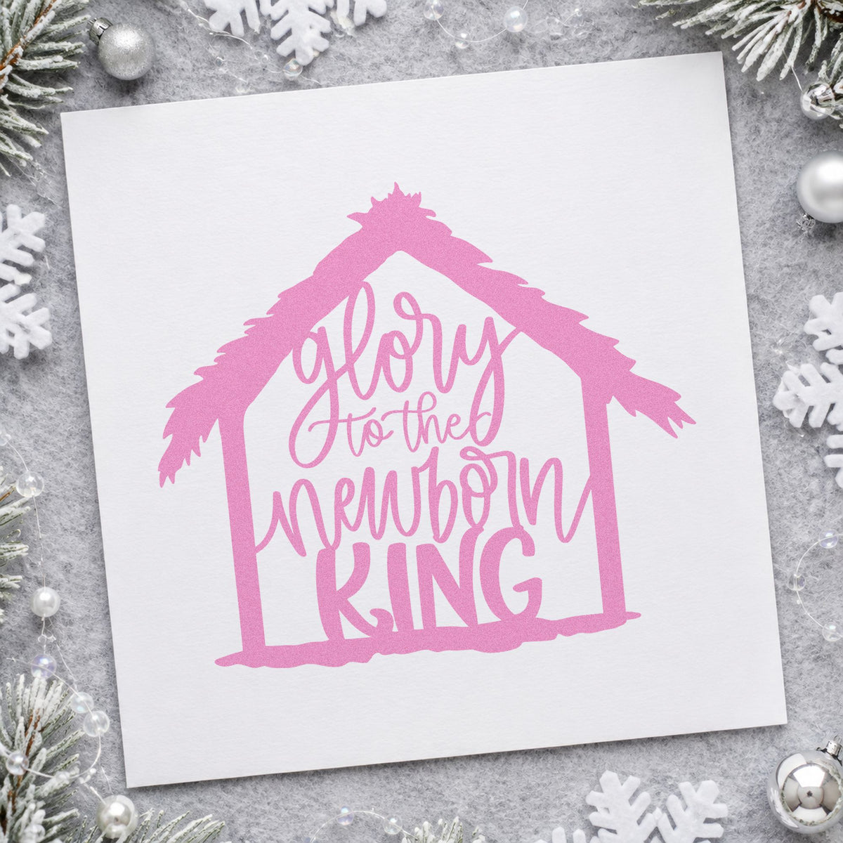 Glory To Newborn King craft stamp in purple ink on cardstock, an easy option for pageant album spread.