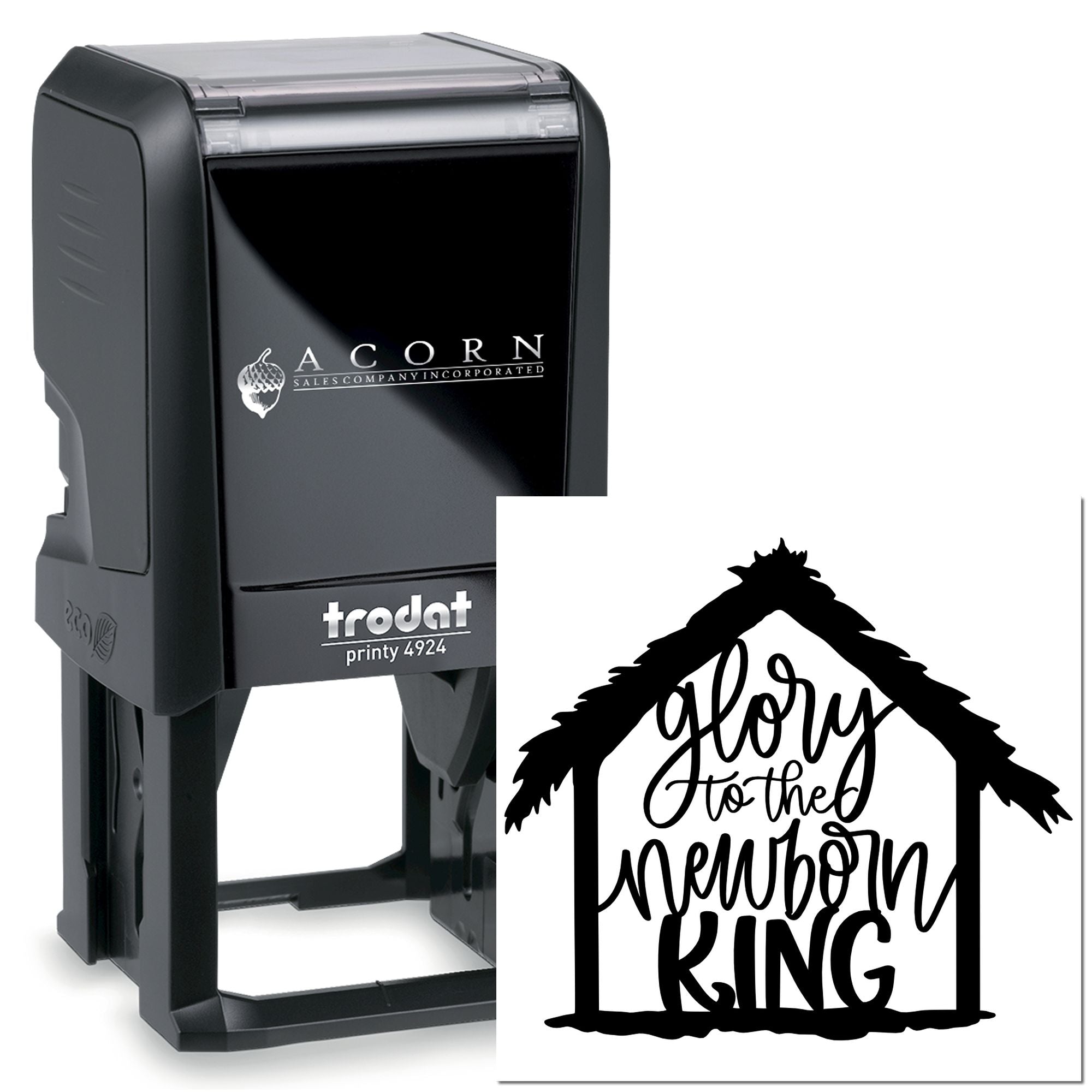 Custom self-inking Trodat Printy 4924 rubber stamp with Glory to the Newborn King Christmas nativity design.