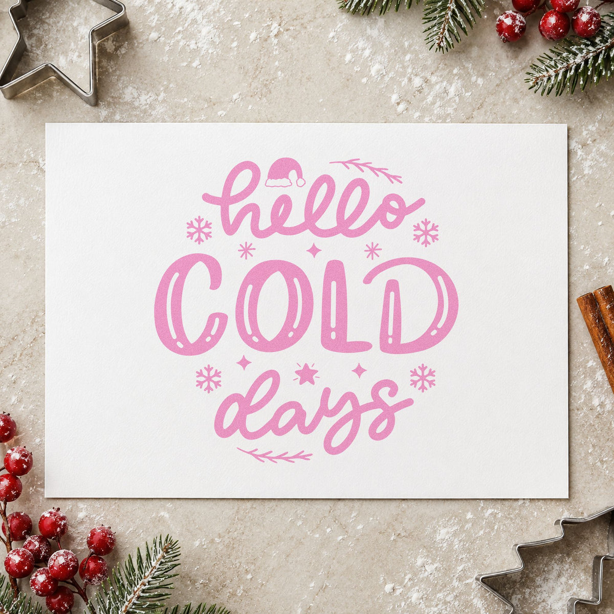 Hello Cold Days craft stamp in purple ink on cardstock, an easy option for season turn album.