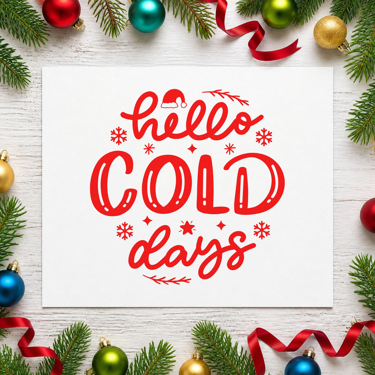 Hello Cold Days rubber stamp shown in red ink, stamped for projects such as sweater bin labels.