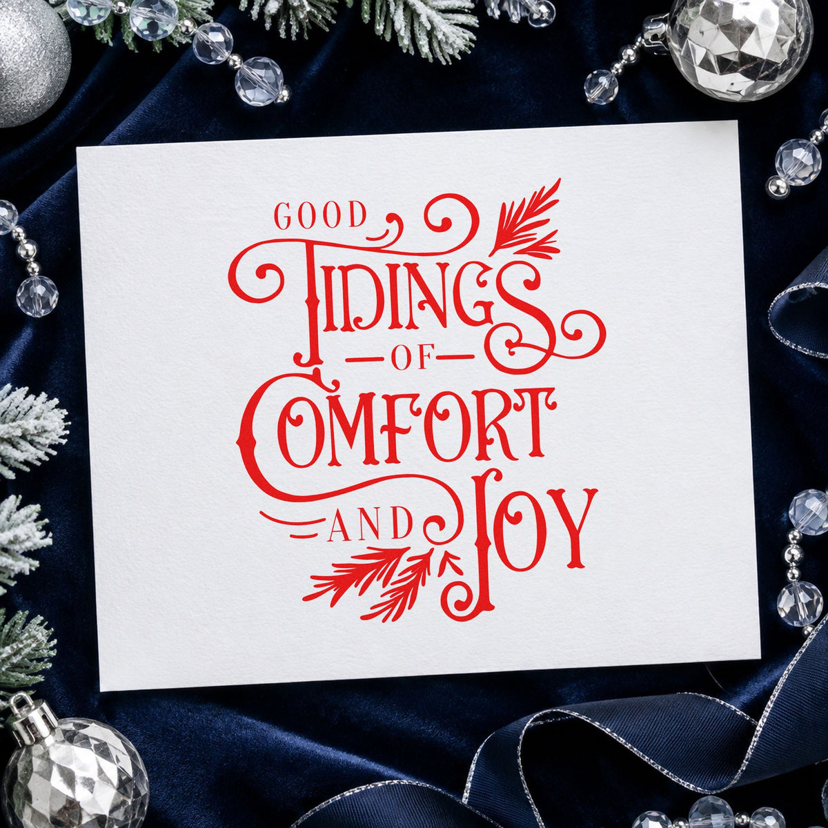 Good Tidings Comfort Joy rubber stamp shown in red ink, stamped for projects such as business envelope seals.