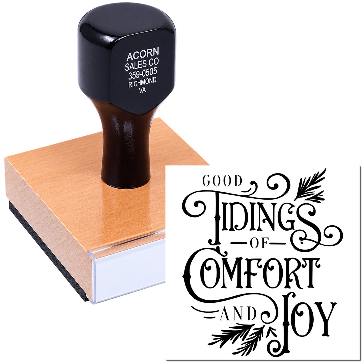Custom holiday rubber stamp with Good Tidings of Comfort and Joy design for festive cards, crafts and gift wrapping.