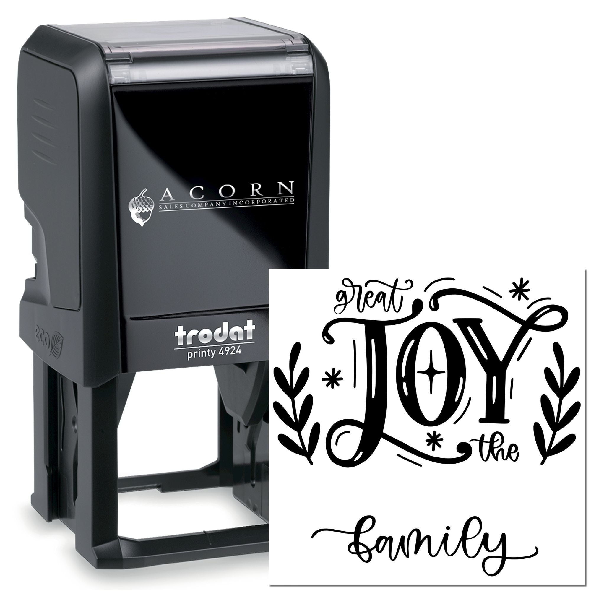 Custom self-inking rubber stamp with Great Joy the Family design for holiday cards, crafts, and personalized stationery.