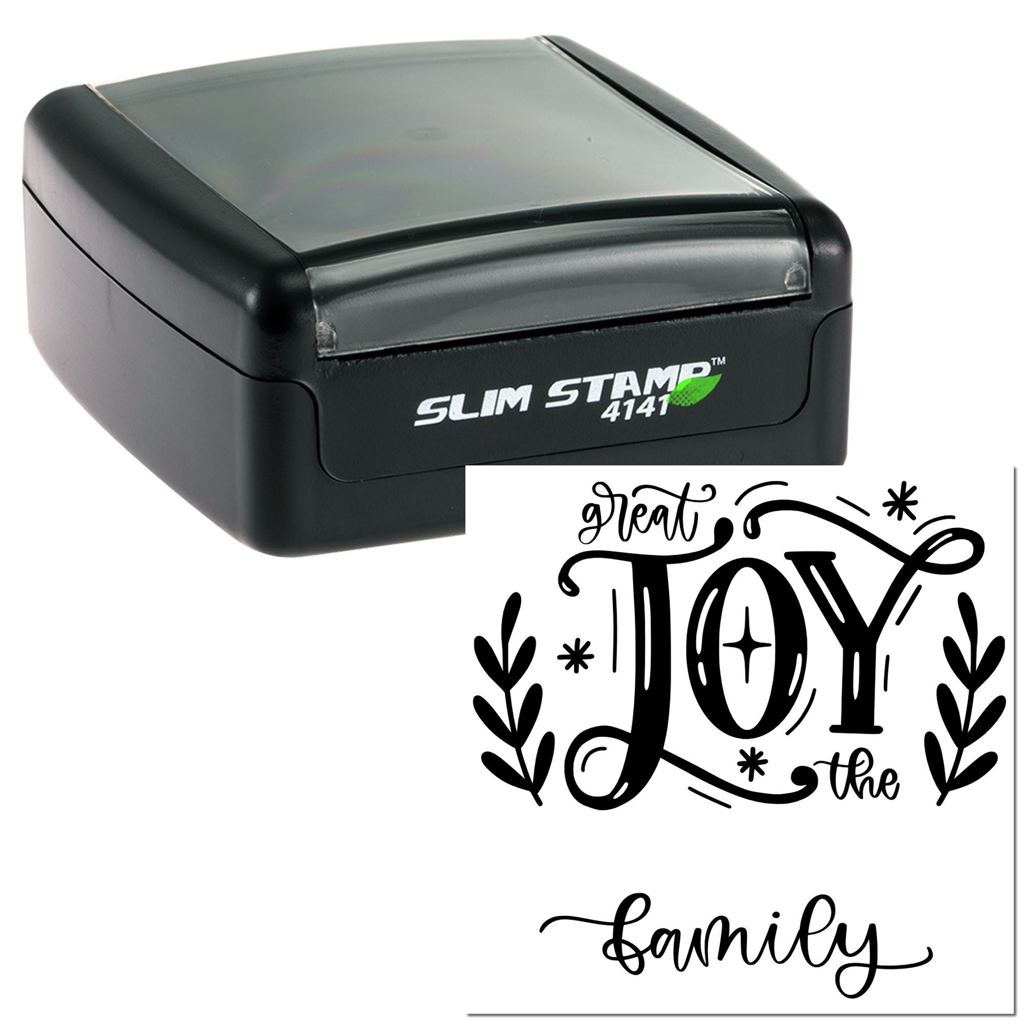 Slim Stamp 4141 self-inking rubber stamp with decorative Joy family design for handmade cards and gift packaging.