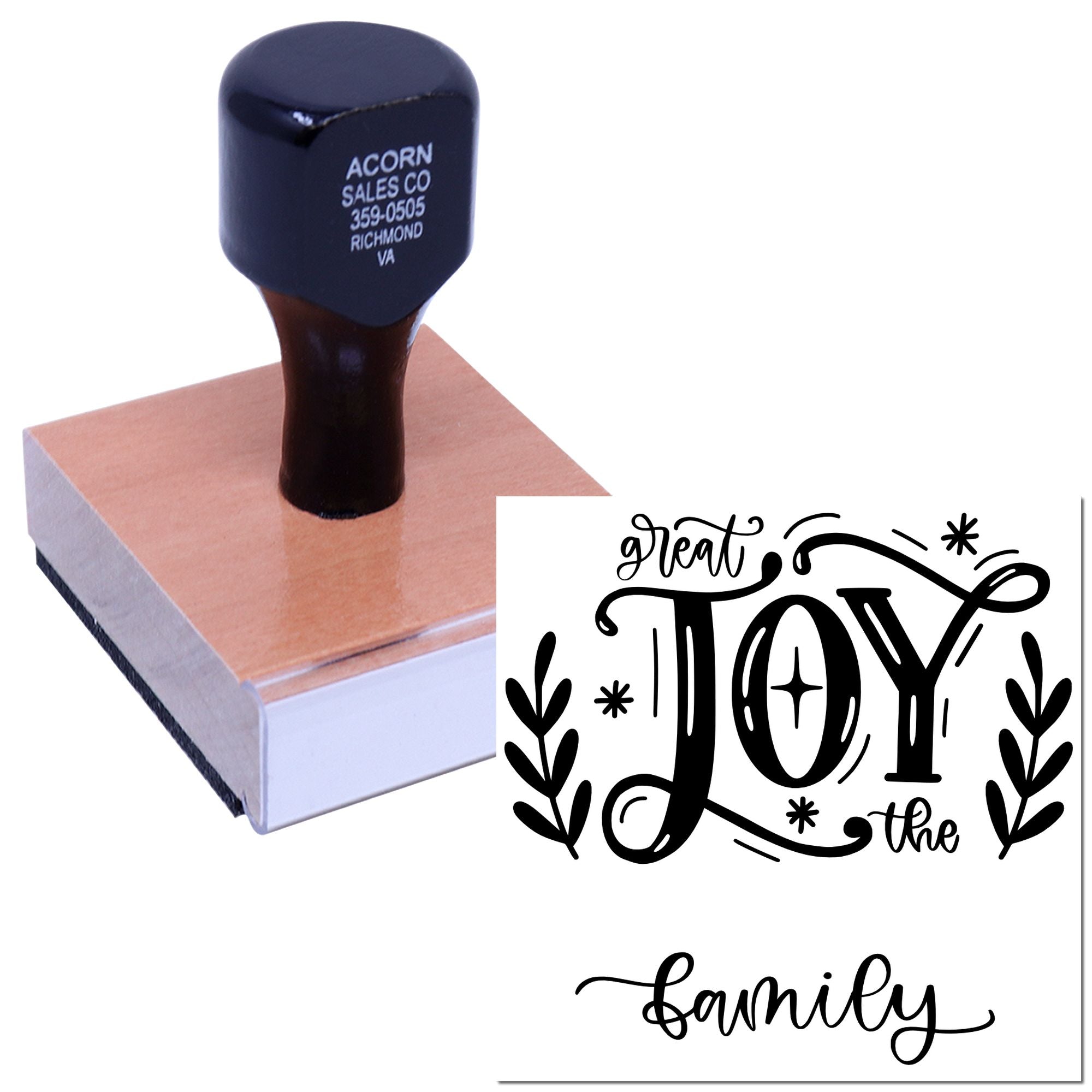 Wood-mounted rubber stamp with great JOY the family design for holiday crafts, cards, and custom handmade projects.