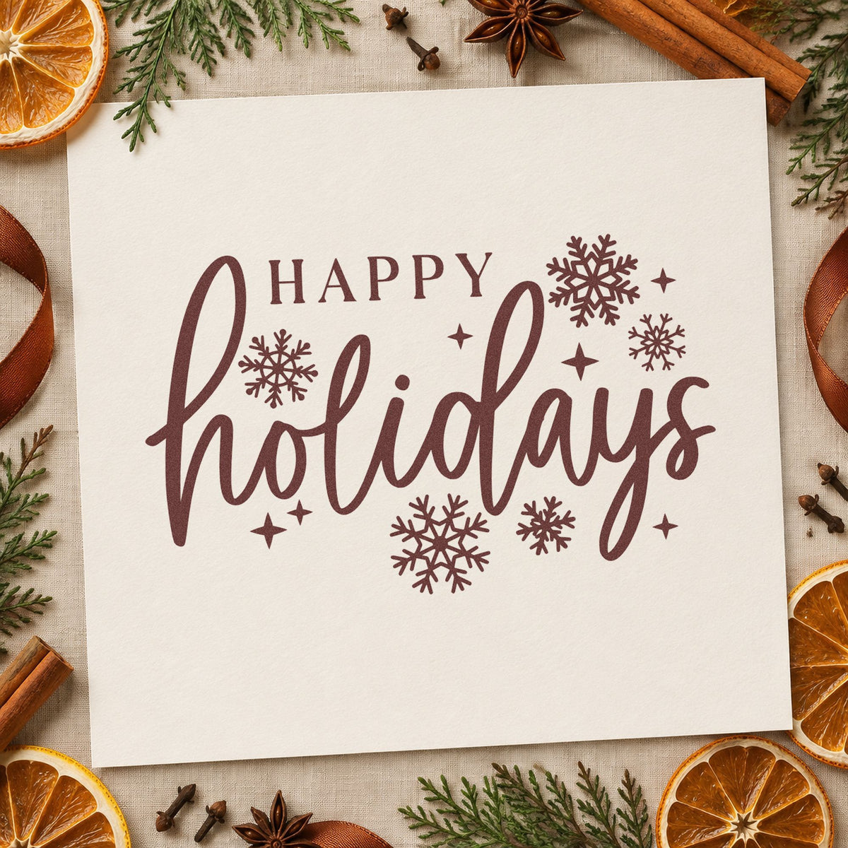 Happy Holidays Snowflakes rubber stamp printed in brown ink, ready for office party sheet and similar paper crafts.