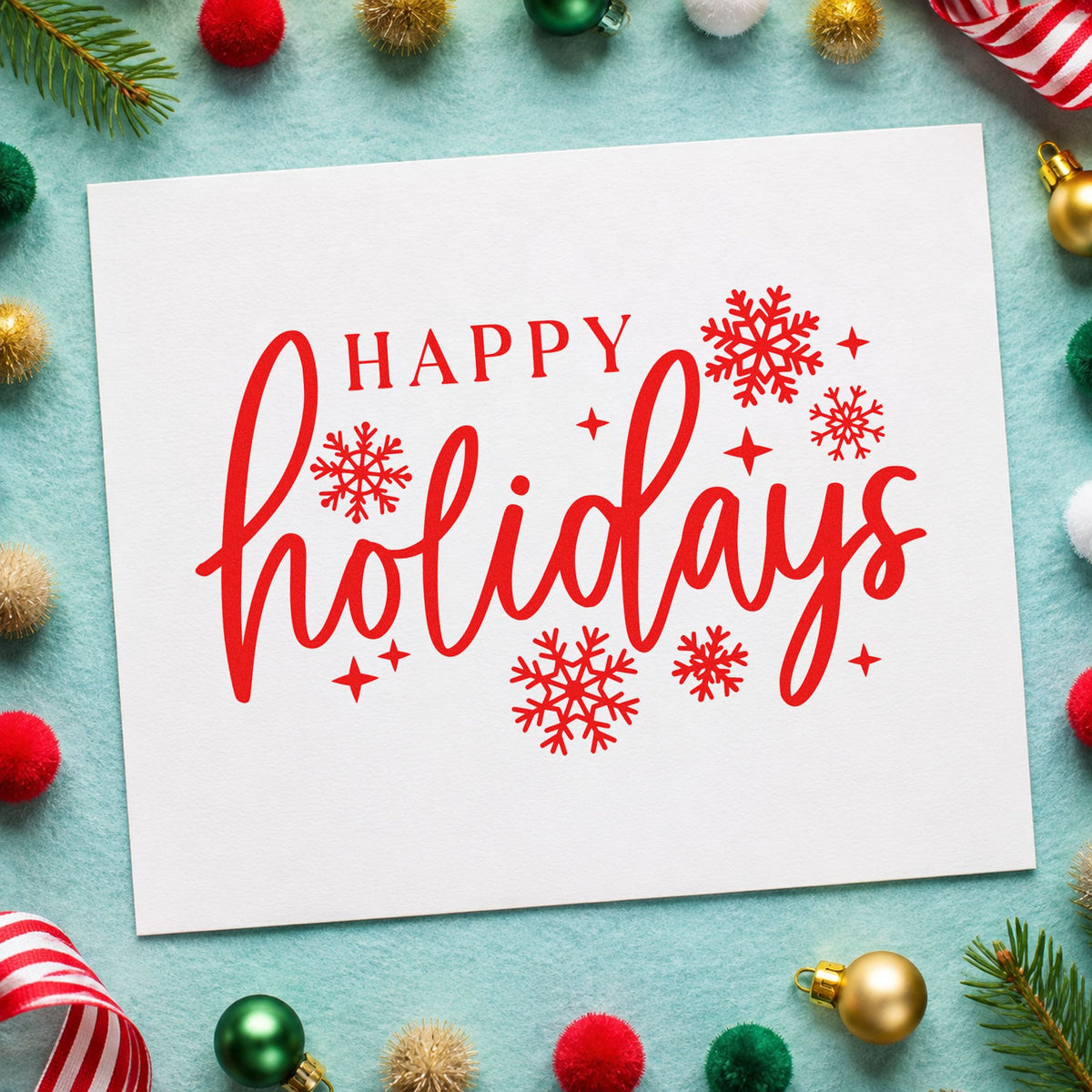Happy Holidays Snowflakes rubber stamp shown in red ink, stamped for projects such as care pack labels.