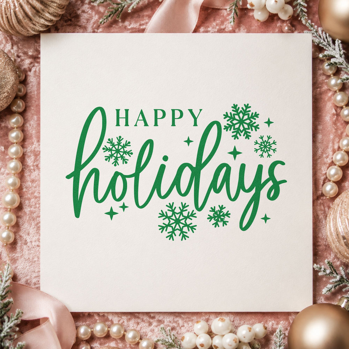 Happy Holidays Snowflakes craft stamp imprint in green ink on a handmade project, one idea being winter concert tickets.