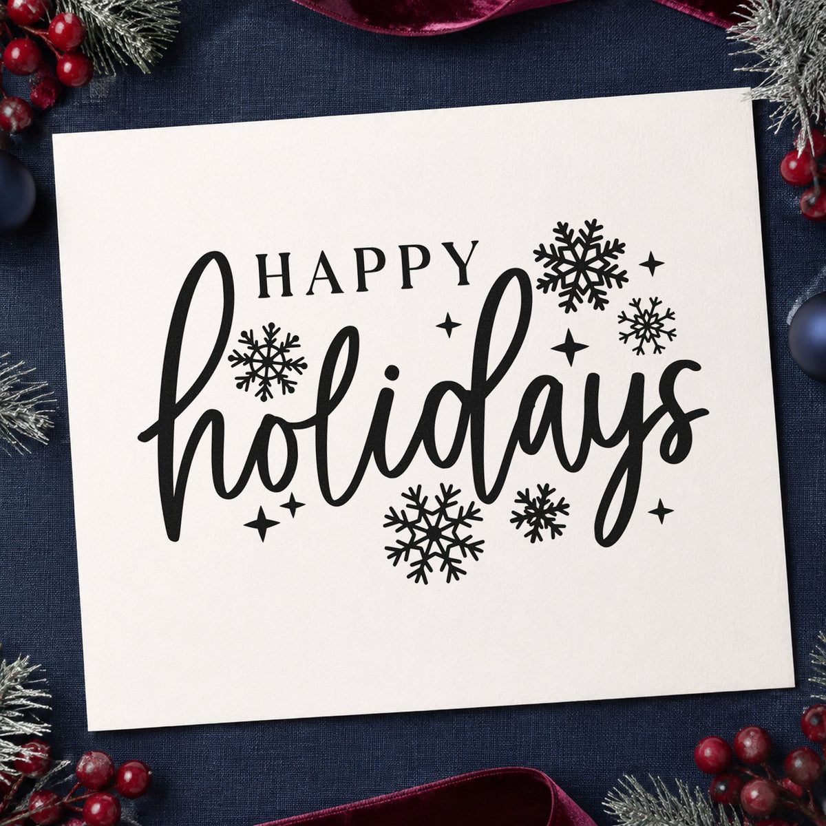 Happy Holidays Snowflakes rubber stamp printed in black ink, ready for happy holidays cards and similar paper crafts.