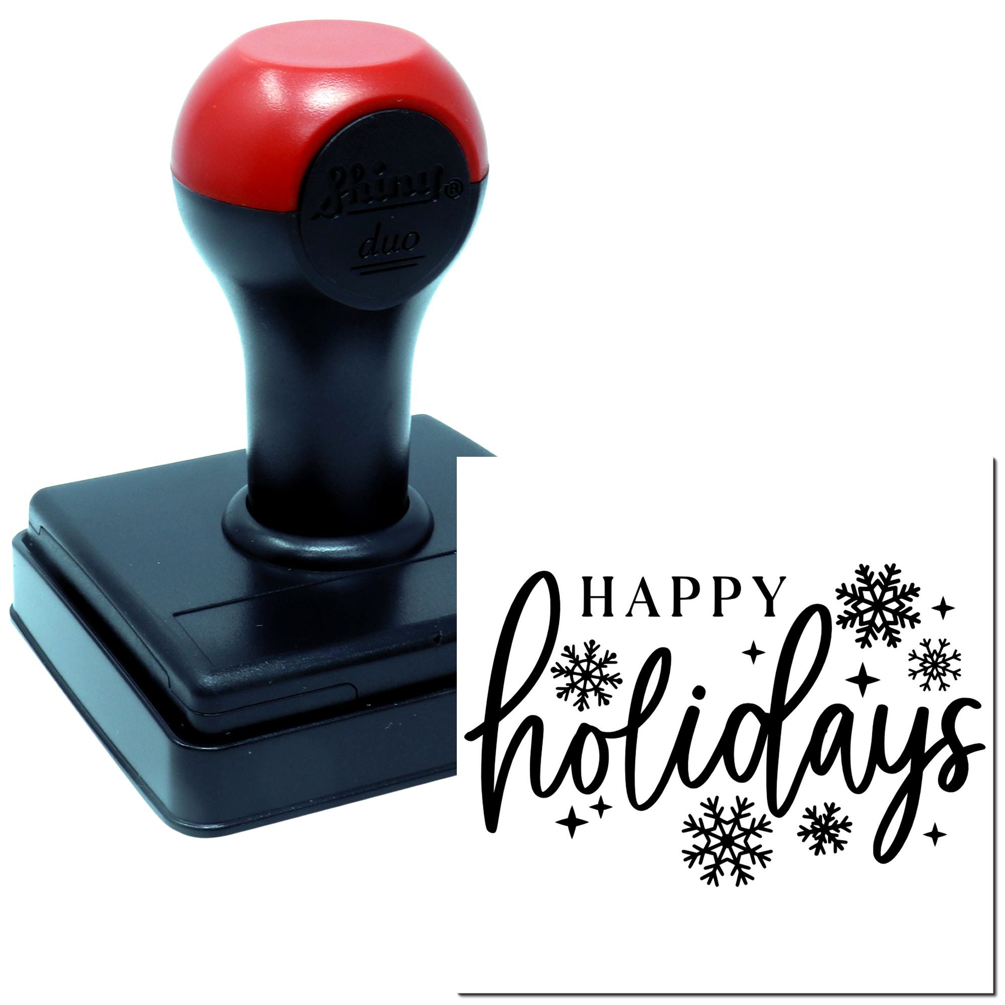 Self-inking holiday rubber stamp with Happy Holidays and snowflakes for festive cards, packaging, and crafts.
