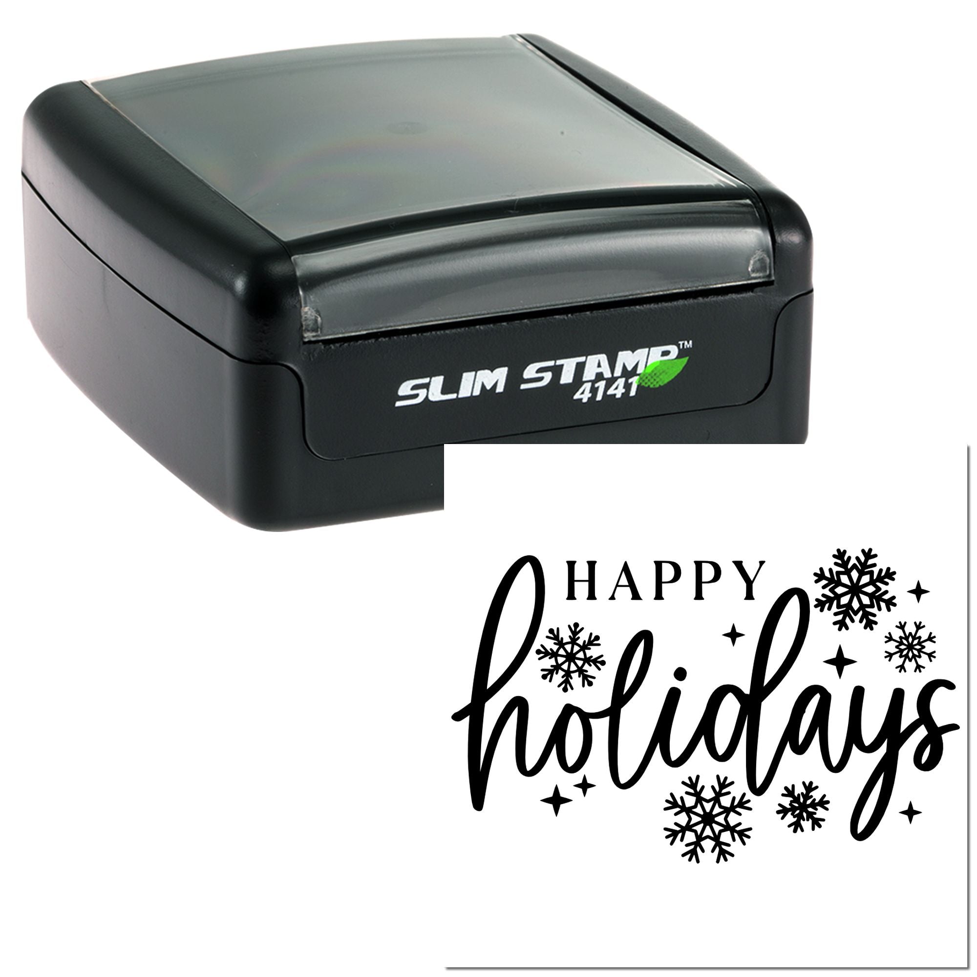 Slim Stamp 4141 self-inking rubber stamp with Happy Holidays snowflake design for festive cards and packaging.