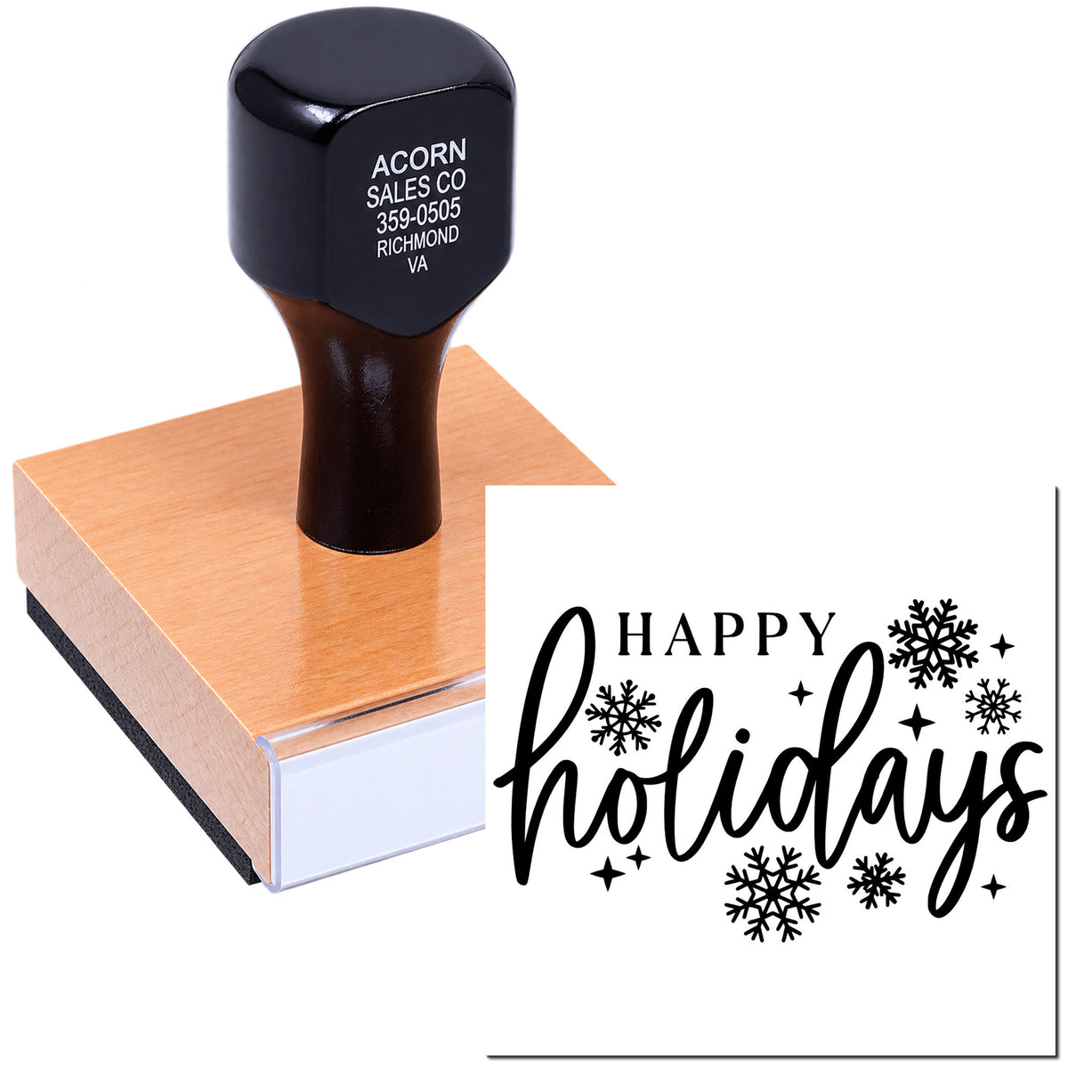 Custom rubber stamp with Happy Holidays snowflake design for seasonal card making, business branding, and packaging.