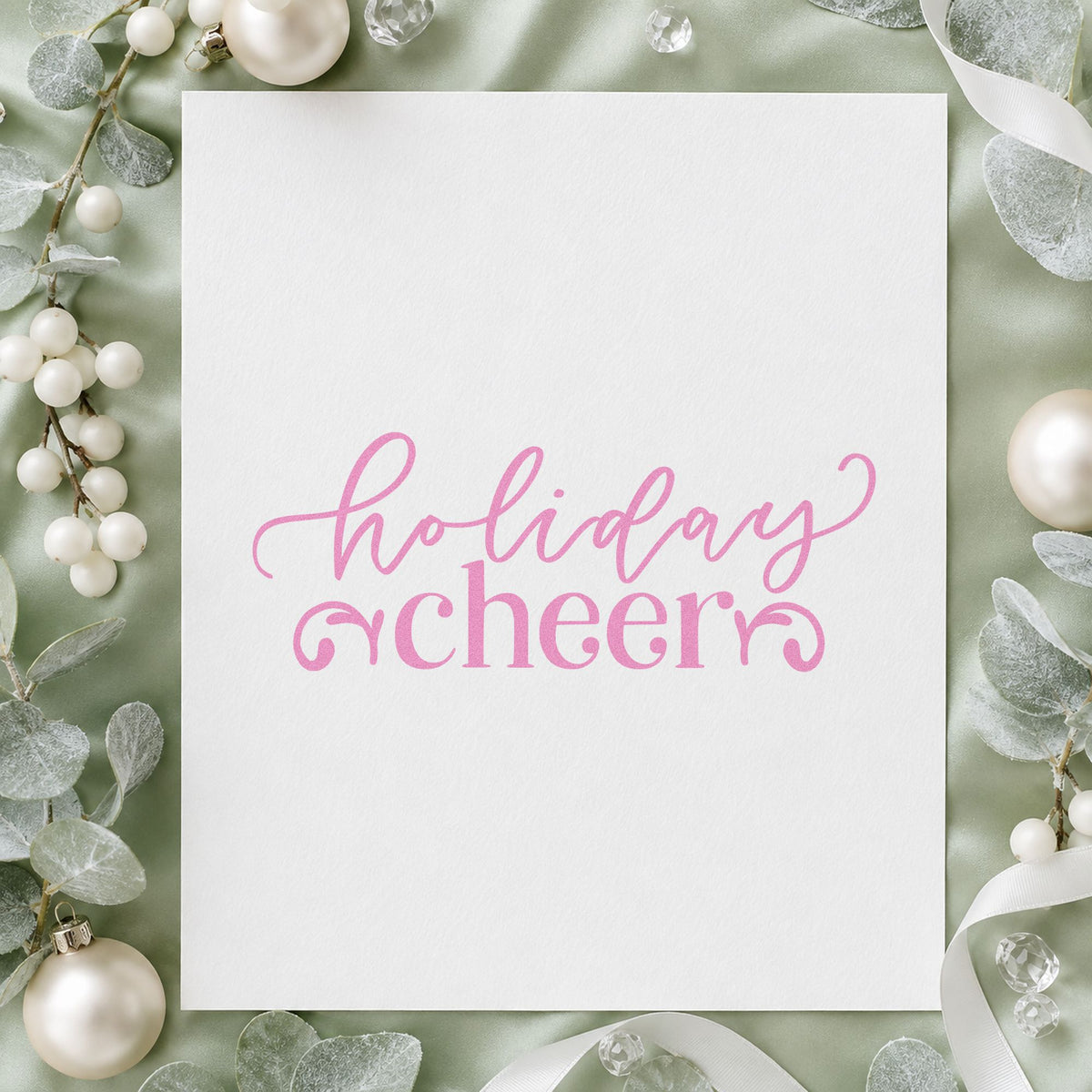Holiday Cheer Flourishes craft stamp in purple ink on cardstock, an easy option for window display album.