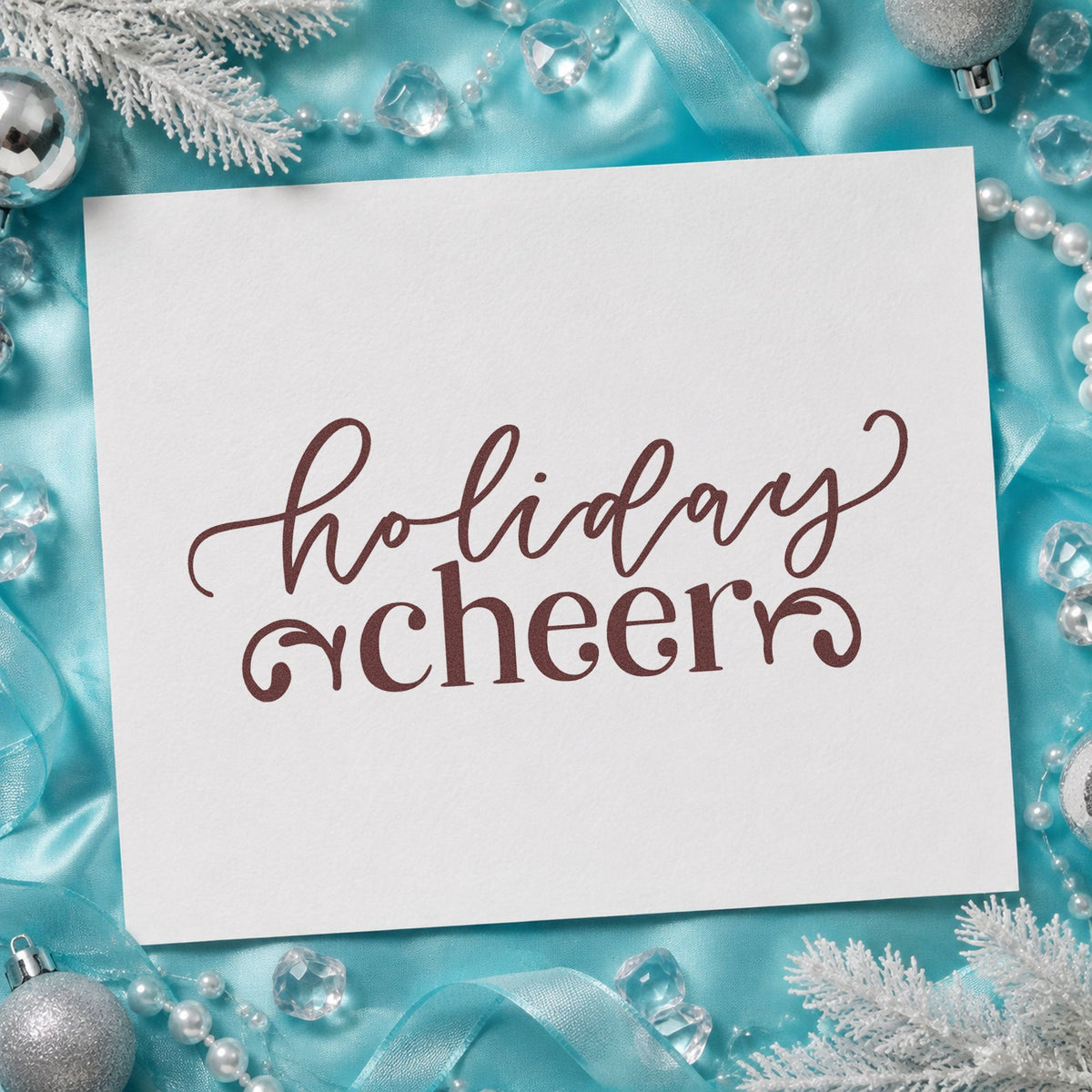 Holiday Cheer Flourishes rubber stamp printed in brown ink, ready for promo plan sheet and similar paper crafts.
