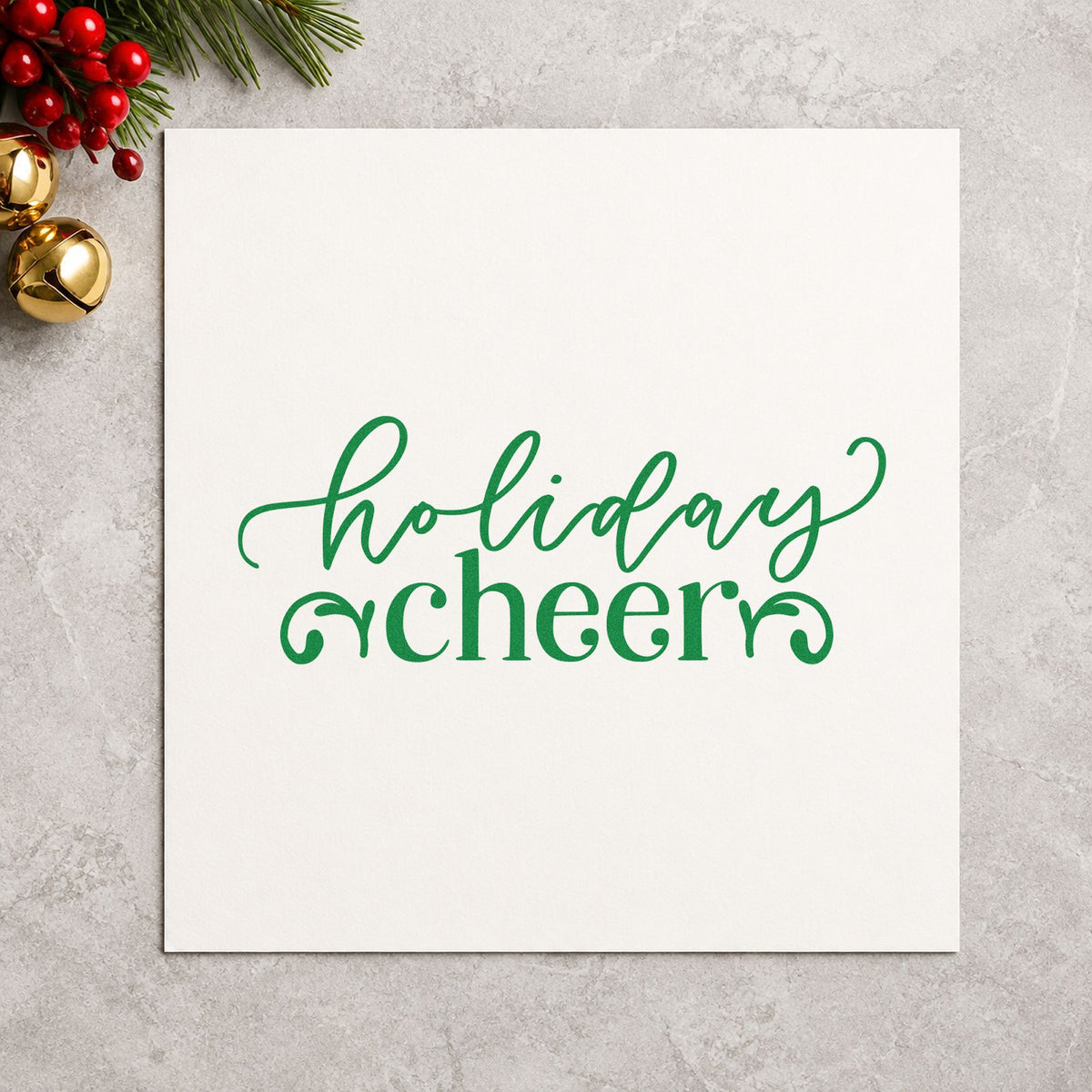 Holiday Cheer Flourishes craft stamp imprint in green ink on a handmade project, one idea being open house placemats.