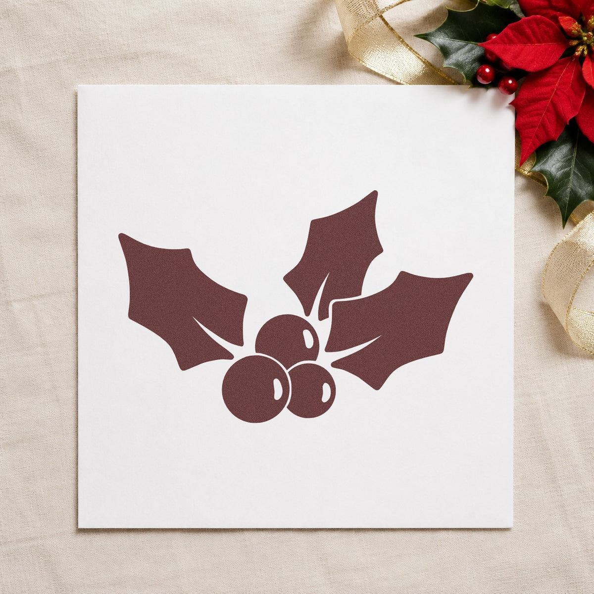 Three Leaf Holly Sprig rubber stamp printed in brown ink, ready for journal corner accent and similar paper crafts.