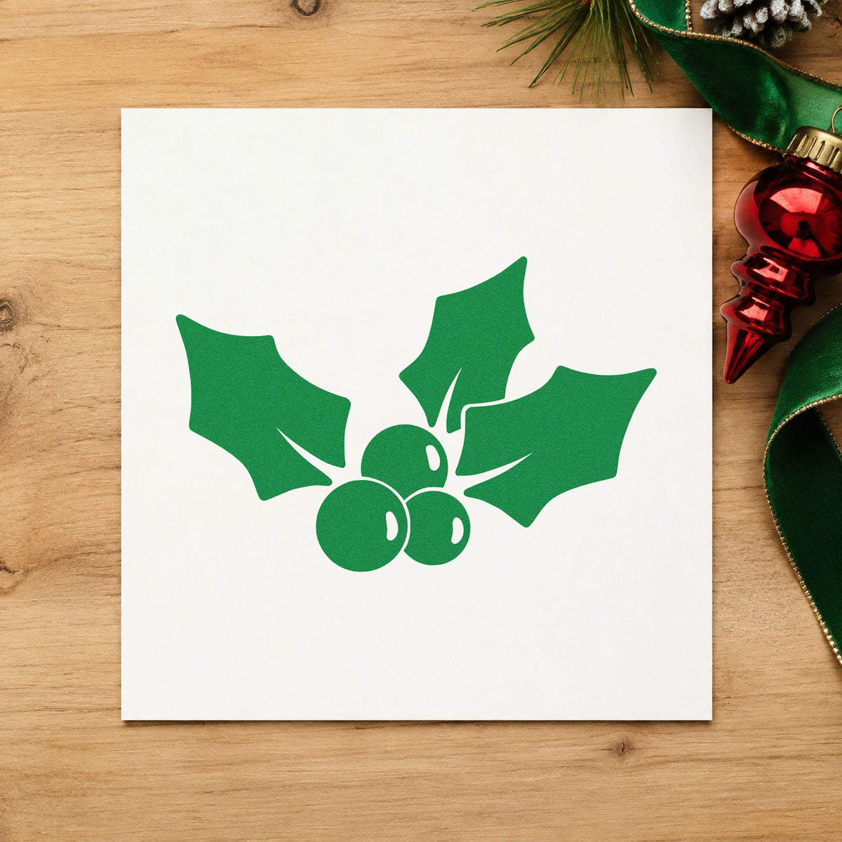 Three Leaf Holly Sprig craft stamp imprinted in green ink on paper, a design suited to framed botanical print.