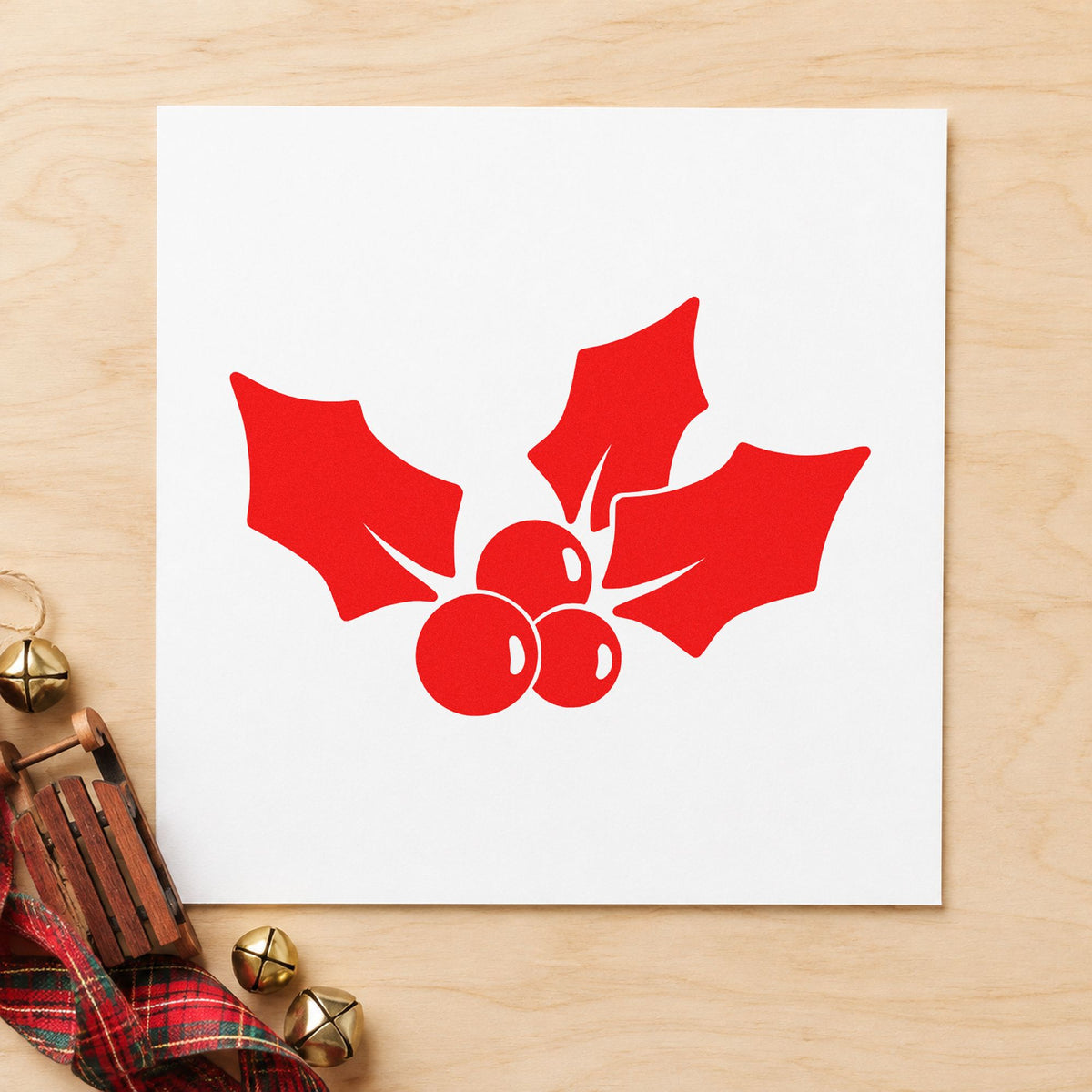 Three Leaf Holly Sprig rubber stamp shown in red ink, stamped for projects such as jar lid rounds.