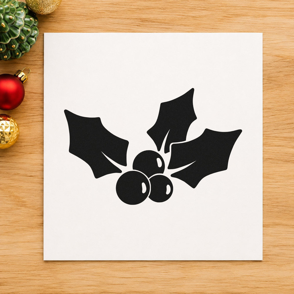 Three Leaf Holly Sprig rubber stamp printed in black ink, ready for holly motif cards and similar paper crafts.