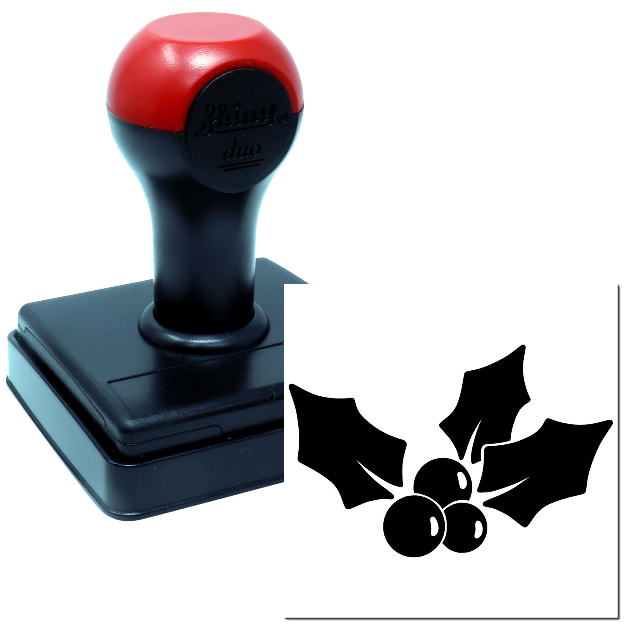 Self-inking rubber stamp with holiday holly berry icon for Christmas cards, crafts, and festive stationery.